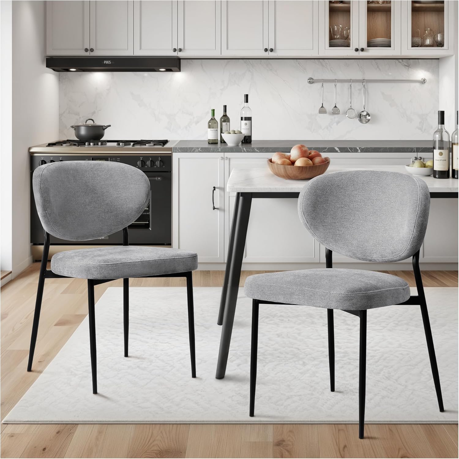 STOOLINK Dining Chairs Set of 2 Chenille Upholstered Dining Room Chairs with Crescent-Shaped Backrest Modern Ergonomic Accent Kitchen Chairs with Swivel Leveling Feet for Bedroom/Vanity Grey
