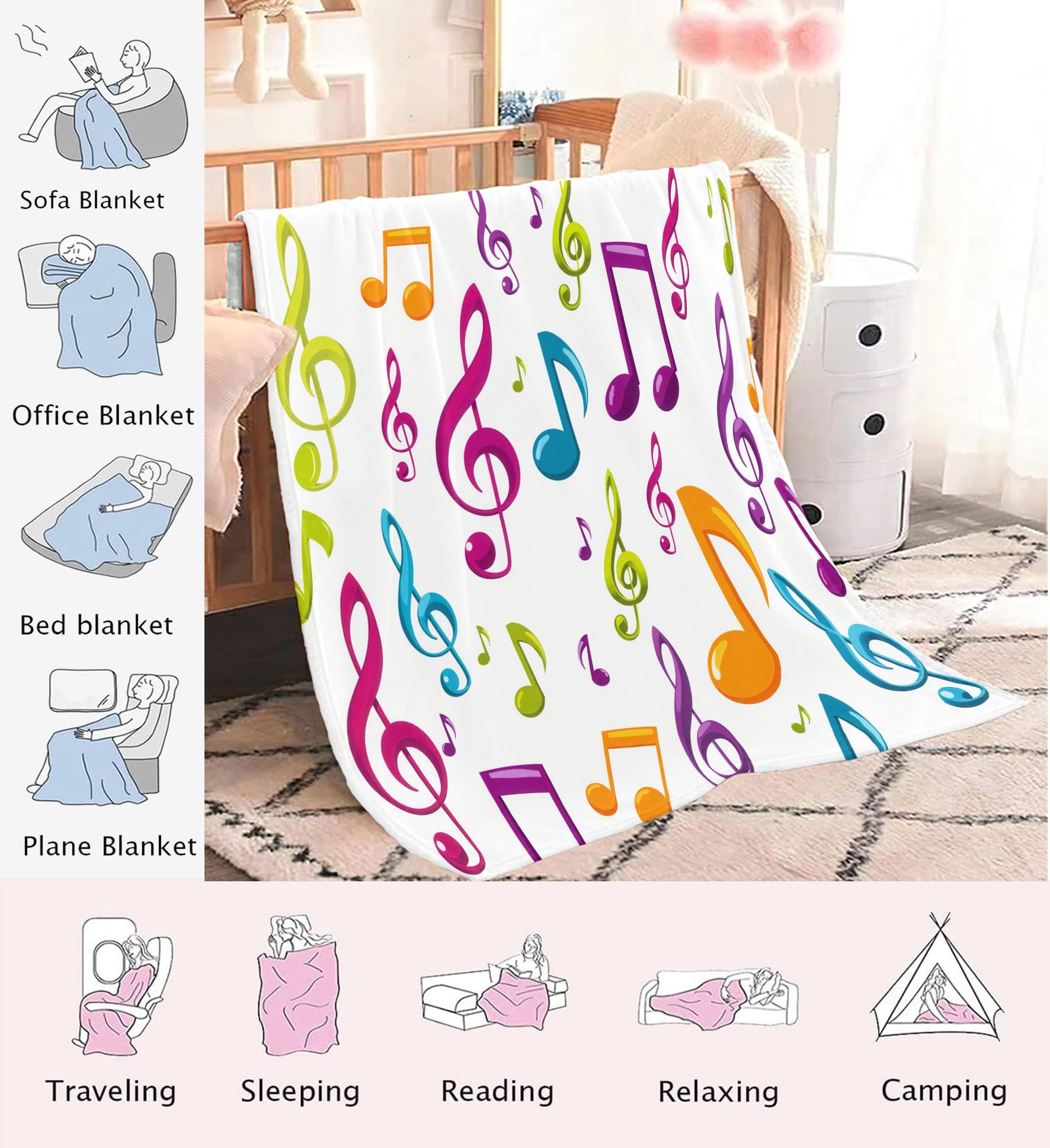 Coperta Stampa Musica Note Musicali, Coperta Arte Musicale Moderna Leggero e Accogliente, Calda Invernale Flanella Colorato Copertas Divano, per Divani Letti e Arredi da Esterno 200x220 cm