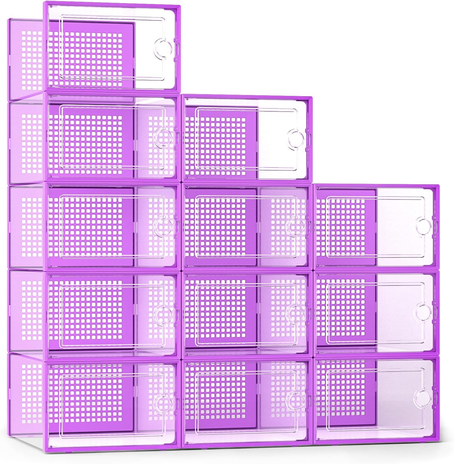 Kuject X-Large Shoe Storage Boxes Organizers for Closet 12 Pack, Fit Size 11,Clear Plastic Stackable Sneaker Containers for Entryway, Space Saving Shoe Rack Holder (Purple, 12 Packs)