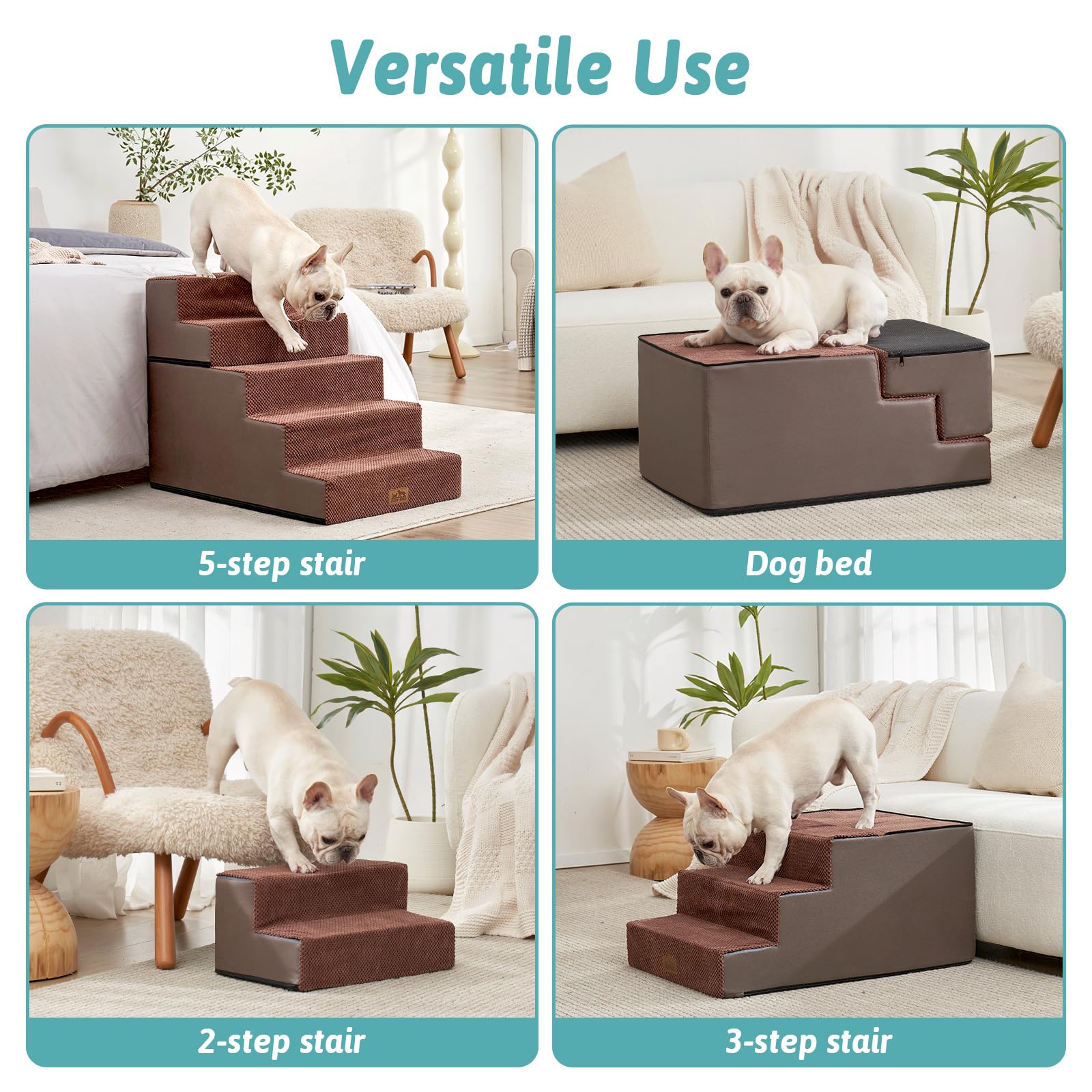COZY KISS Escalera para Perros Anchas, 2 en 1 Desmontable Escalera para Mascotas para Cama Sofá, 60 cm de Alto Escalera para Gatos de Espuma (Marrón, 75x50x60cm-Desmontable, 5)