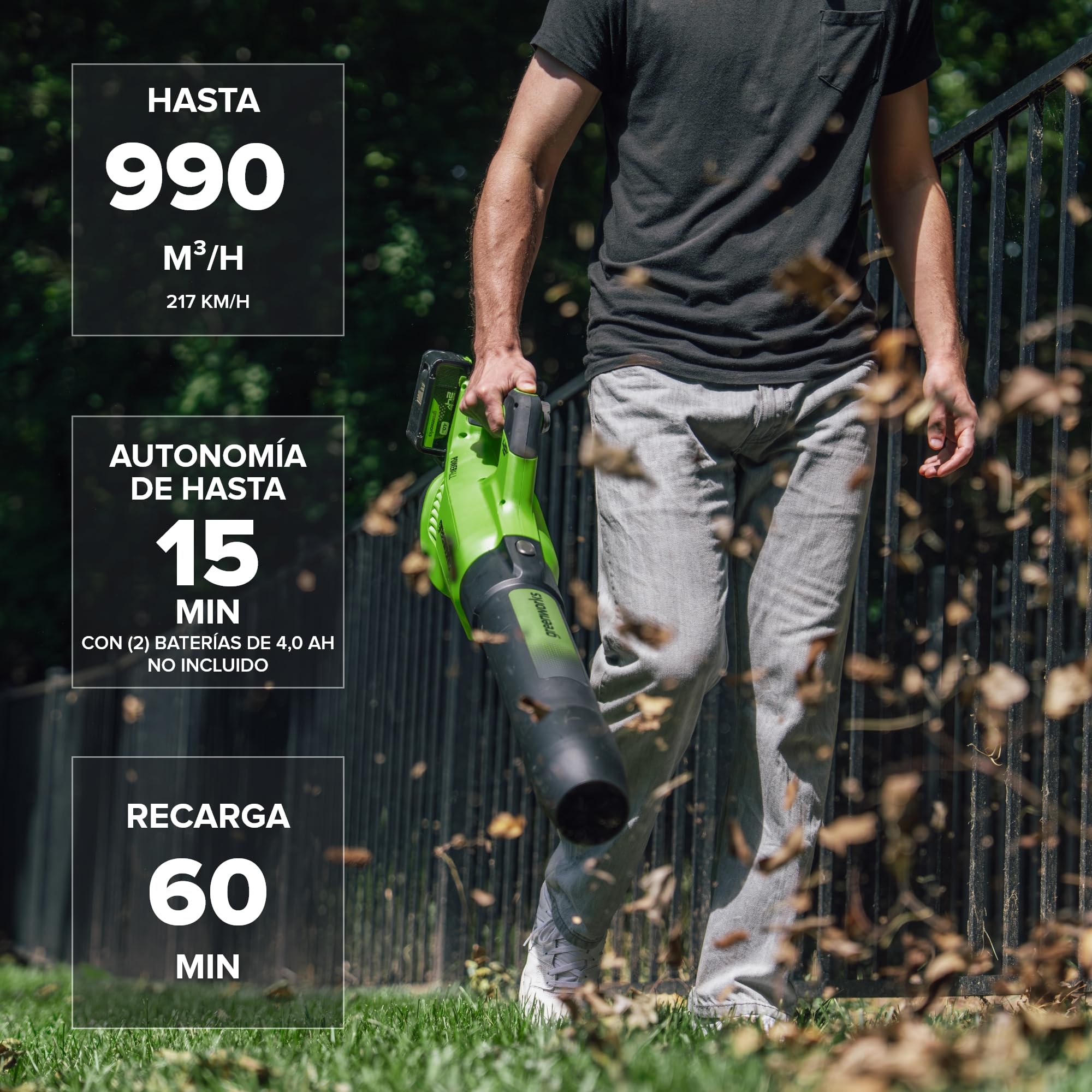 Greenworks 48V(24V x 2) Soplador de Hojas a Batería Axial, con Motor sin Escobillas, Función Turbo, 217 km/h, 16,4 m³/min SIN Dos de Las Baterías de y Cargador, Garantía de 3 Años BL48L00-01