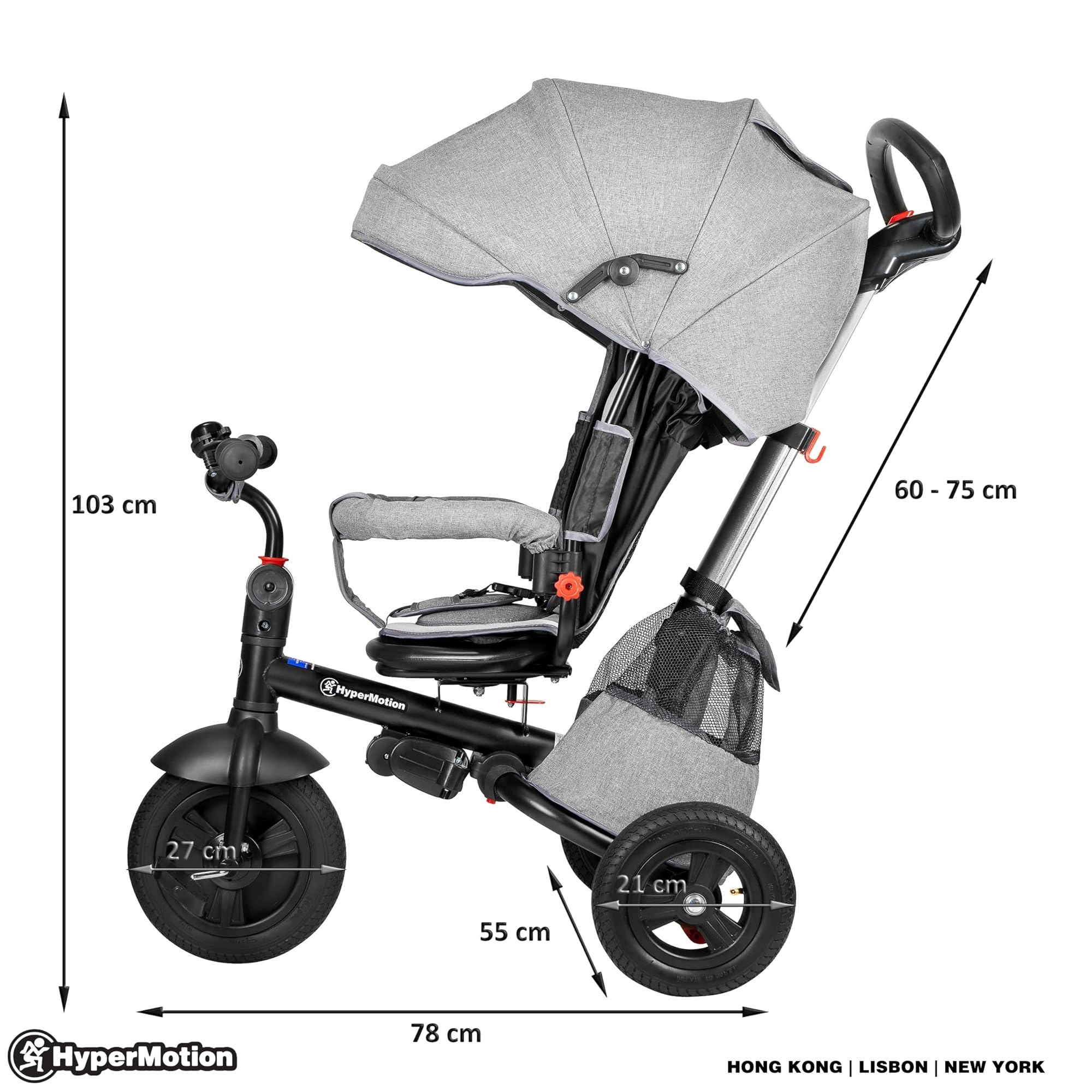 HyperMotion Triciclo Infantil 3 en 1 - Coche para Bebé con Asiento Giratorio y Cubierta de Lluvia - Triciclo Evolutivo 12 Meses a 5 Años, Plegable, Ruedas Bombeadas, 25kg, Gris