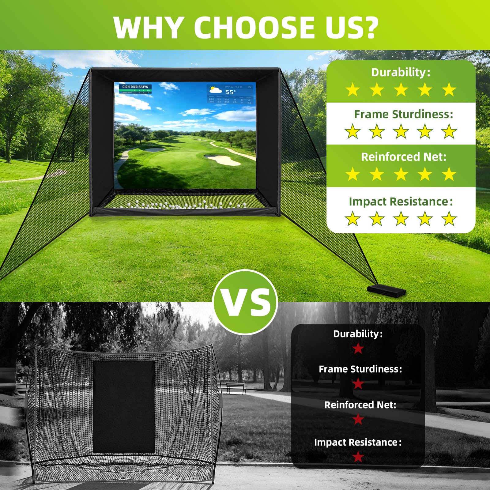 Filet d'entraînement de golf de 3 x 2,4 m avec écran d'impact cible pour simulateur de golf, utilisation intérieure et extérieure, pour l'entraînement au swing et au déchiquetage