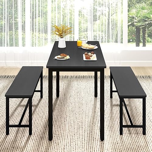 Miniatura 5 de Rovibek Juego de mesa de comedor para 4 personas con 2 bancos, juego de mesa de cocina que ahorra espacio para cocina y comedor, color negro Negro