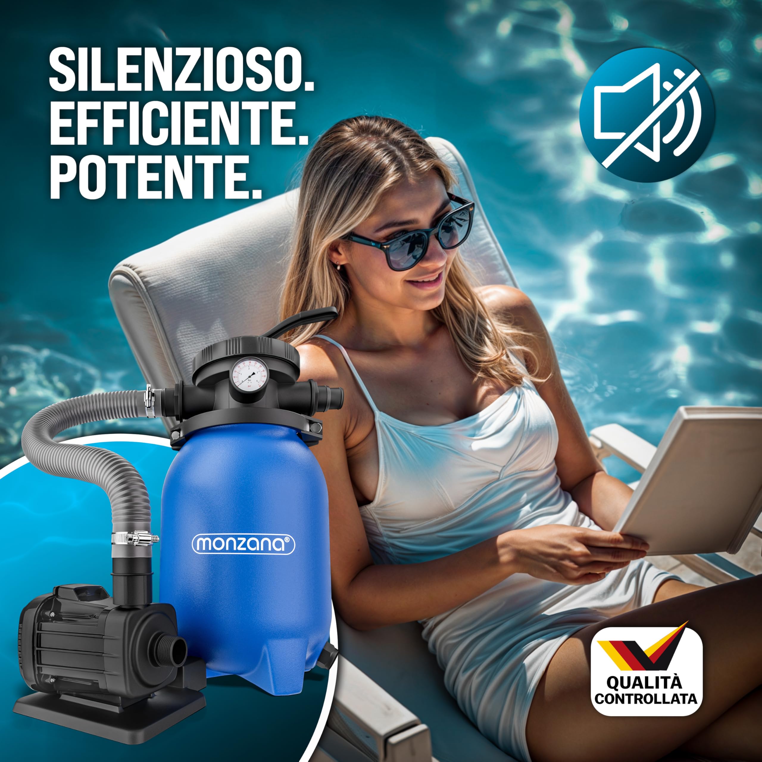 MONZANA® Filtro per Piscina MZPP180 5000 l/h fino a 15.000L incl. Palline Filtranti Valvola 7 Vie Adattatore 2in1 Ø32-38mm 180W Filtraggio per Piscina