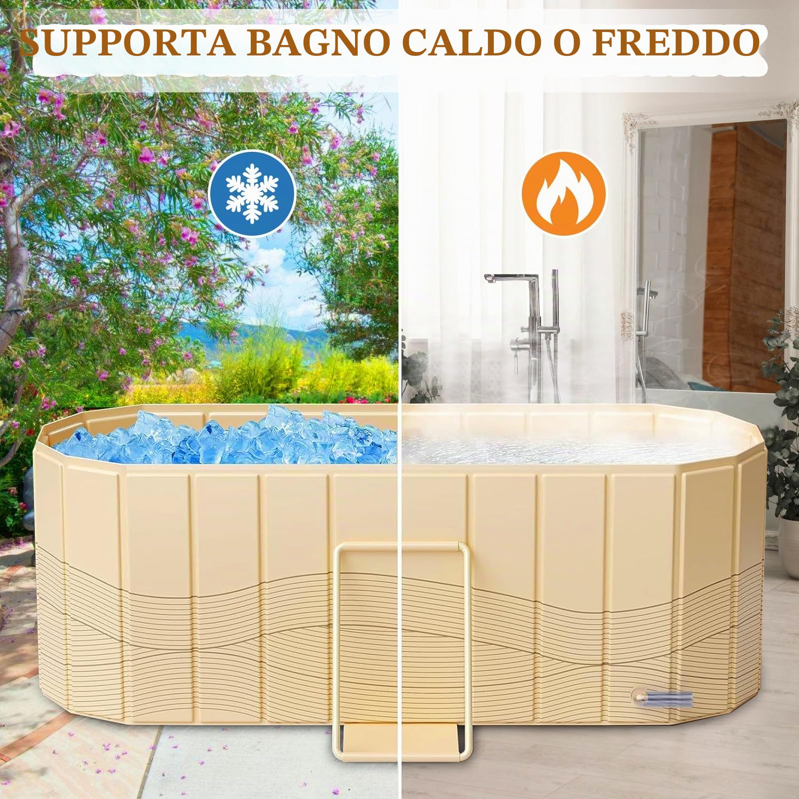 Vasca da bagno pieghevole per adulti con coperchio, design isolante portatile, vasca pieghevole profonda, include cuscino per seduta e tubo di scarico, 1,5 metri, arancione/oro