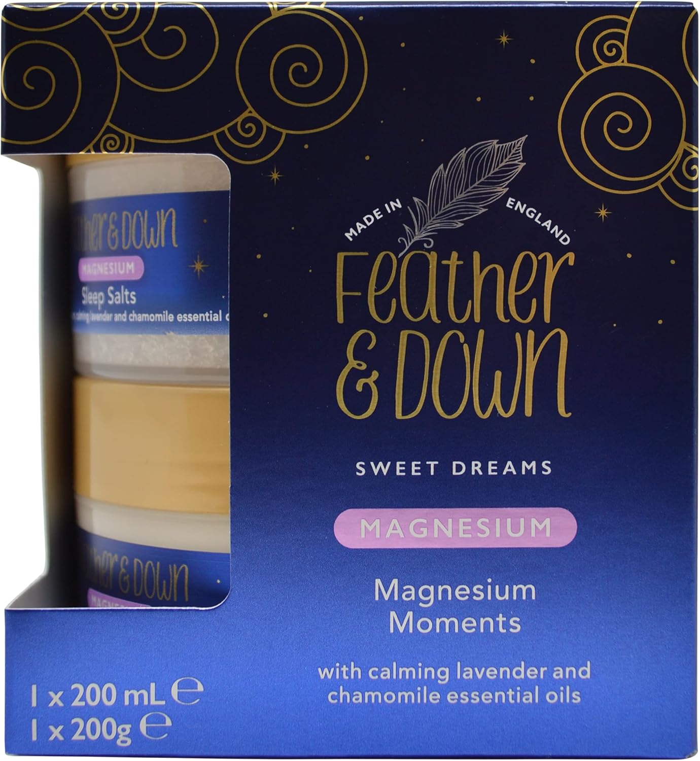 Feather & Down Magnesium Moments (Magnesium Sleep Salts & Soothing Sleep Butter) – Encourages relaxation, all you need to help induce a goods night sleep. Vegan Friendly & Cruelty Free.