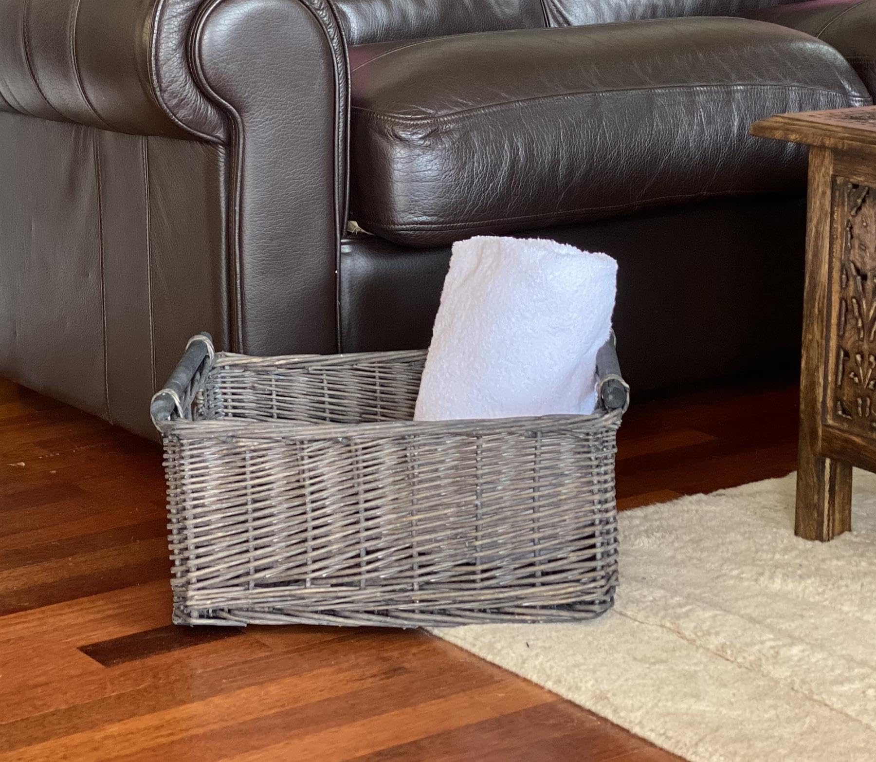 Topfurnishing Grey Kitchen Log Fireplace Wicker Storage Basket With Handles Xmas Empty Hamper Basket [,Large 45X35x20cm]