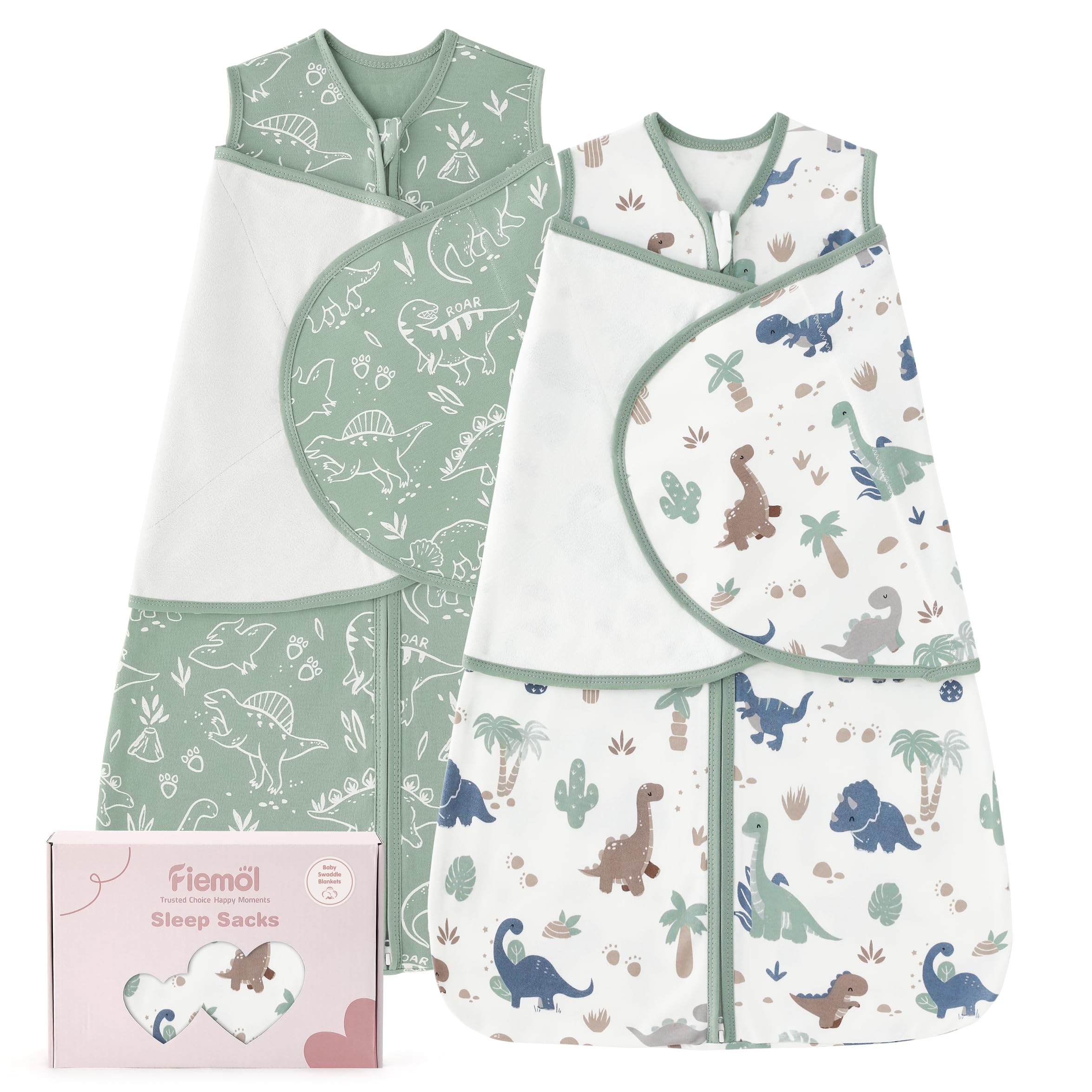 FIEMOL Baby Swaddle Sleep Sack 3-6 Months, Cotton Swaddles for Newborns Boys Girls, 2-Way Zipper Transitional Infant Wearable Swaddling Blanket with Quiet Closure, 0.5 TOG 2 Pack Soft Green Dinosaur - 2