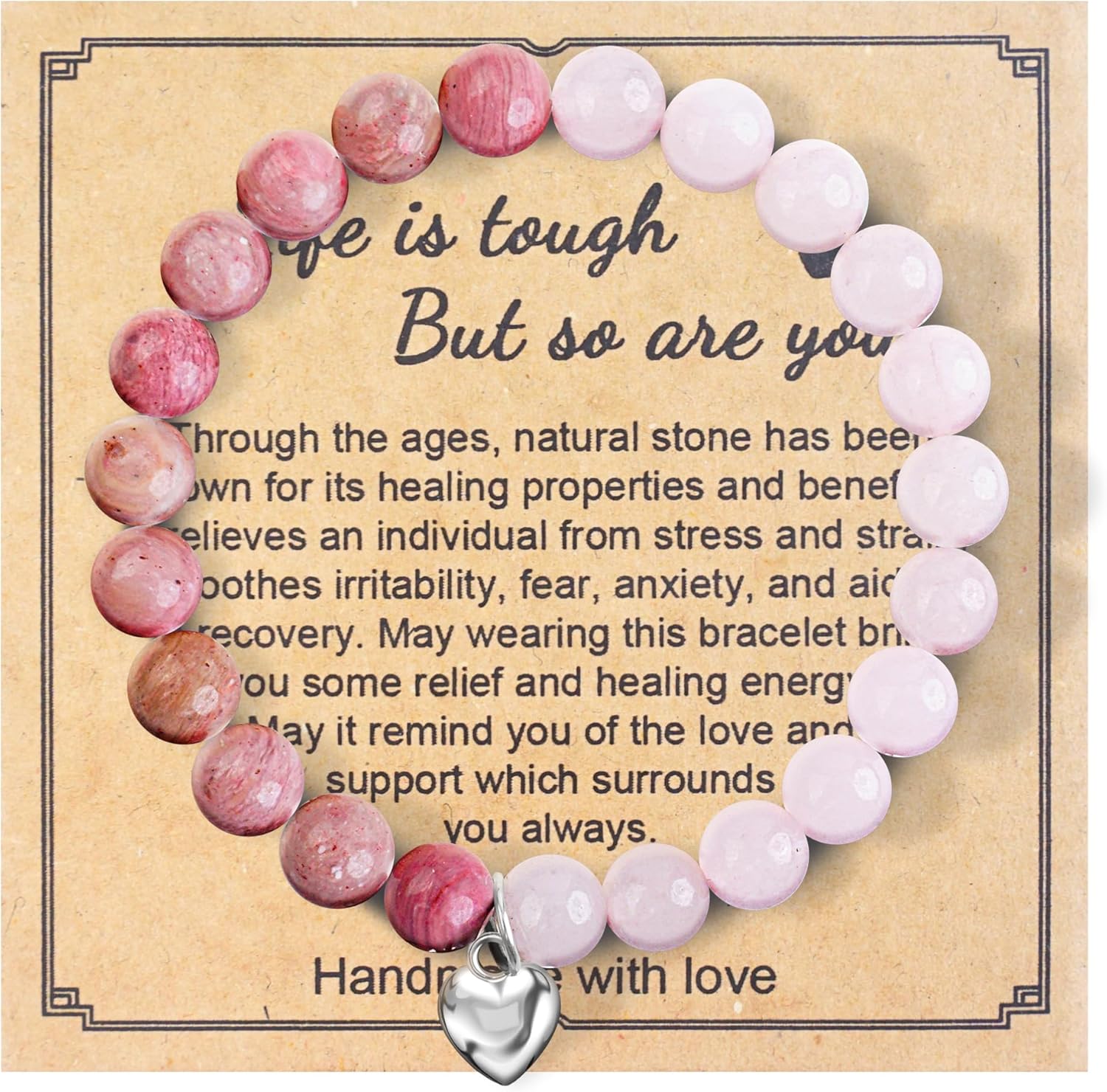 Natural Stone Bracelet for Women Pink Ribbon Awareness Handmade Beaded Encouragement Gift with Message Card