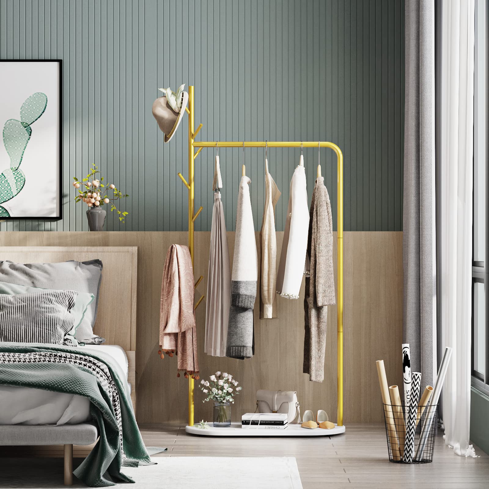 SMLTTEL Gold Clothing Rack, Modern Clothing Rack with Shelf, Standing