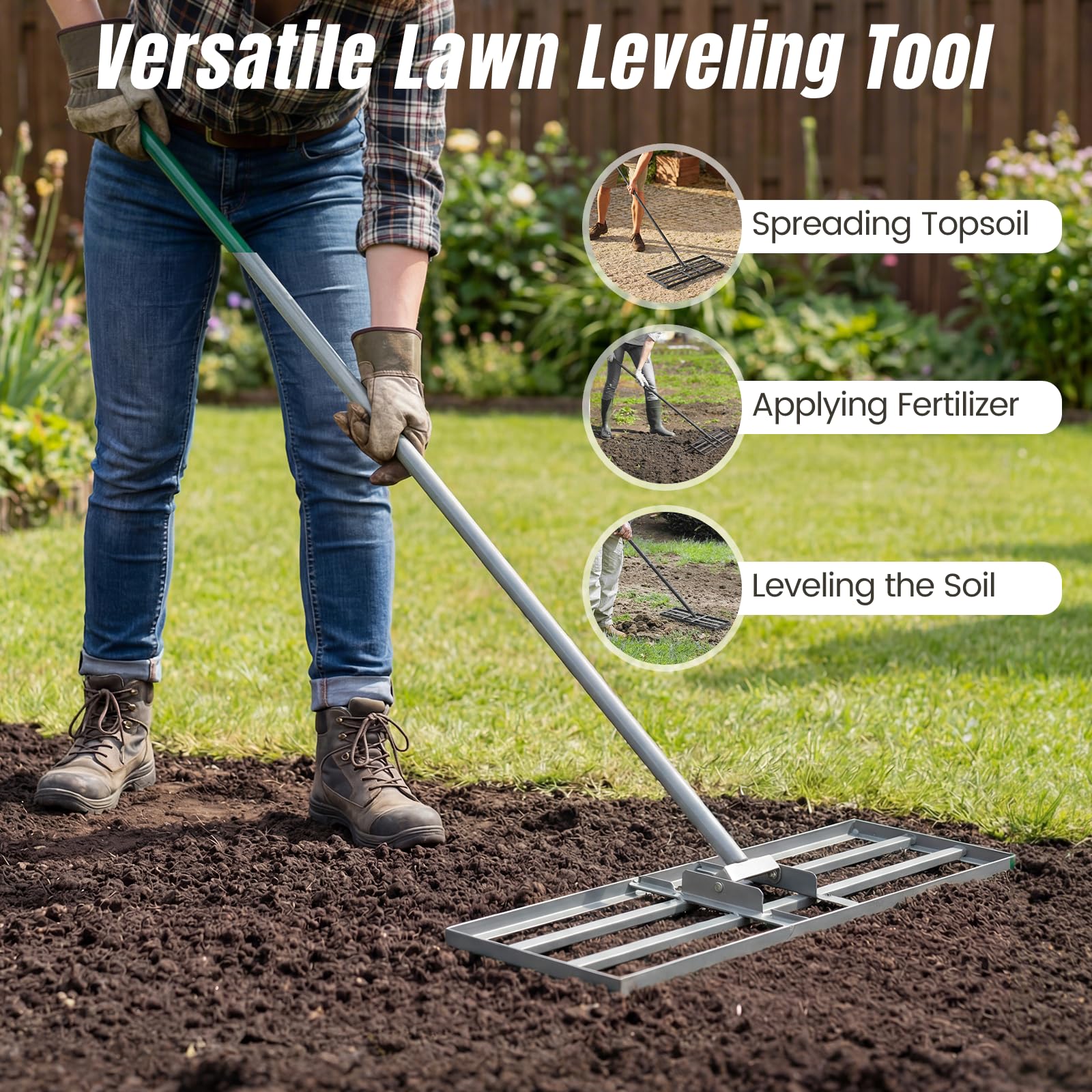 Rastrillo nivelador de césped, 75 x 25 cm/30" x 10" Herramienta de metal resistente para nivelar el césped con mango ajustable, nivelador de suelo que ahorra esfuerzo para jardín, patio, césped y c