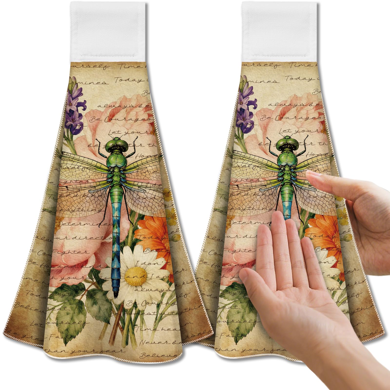 CUTHOLLOW 2PCS Retro Dragonfly and Flowers Tea Towels for Kitchen with Loop, 31.5x43.5cm Soft Absorbent Microfiber Decorative Hanging Dish Towel, Tea, Coffee Towel for Kitchen Bathroom Oven Handle