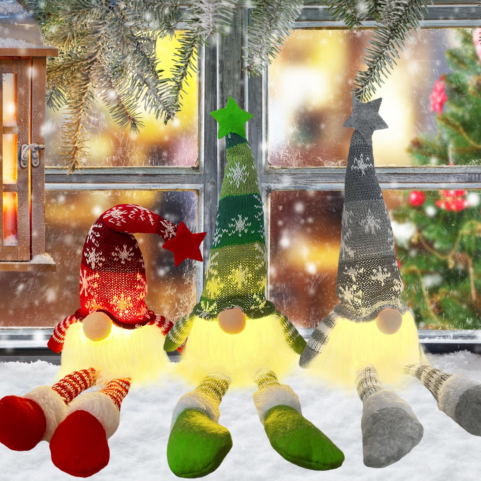 3 Stück Pailletten Weihnachtswichtel LED - Leuchtende Weihnachtsdeko Figuren