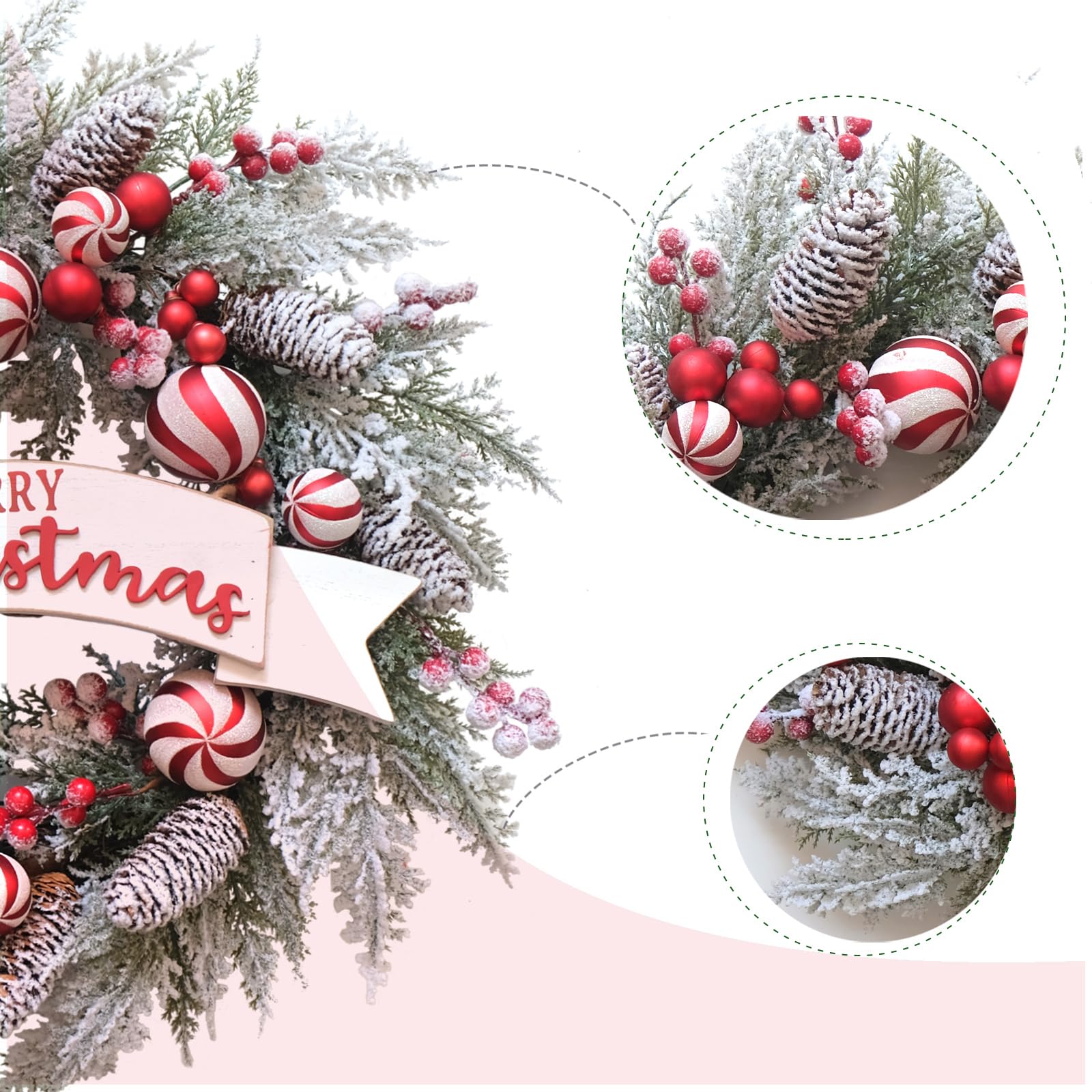 Corona de Navidad artificial de 24 pulgadas para puerta delantera con bolas, bayas, agujas de pino, conos de pino, decoraciones de Navidad para interiores y exteriores, ventana, hogar,