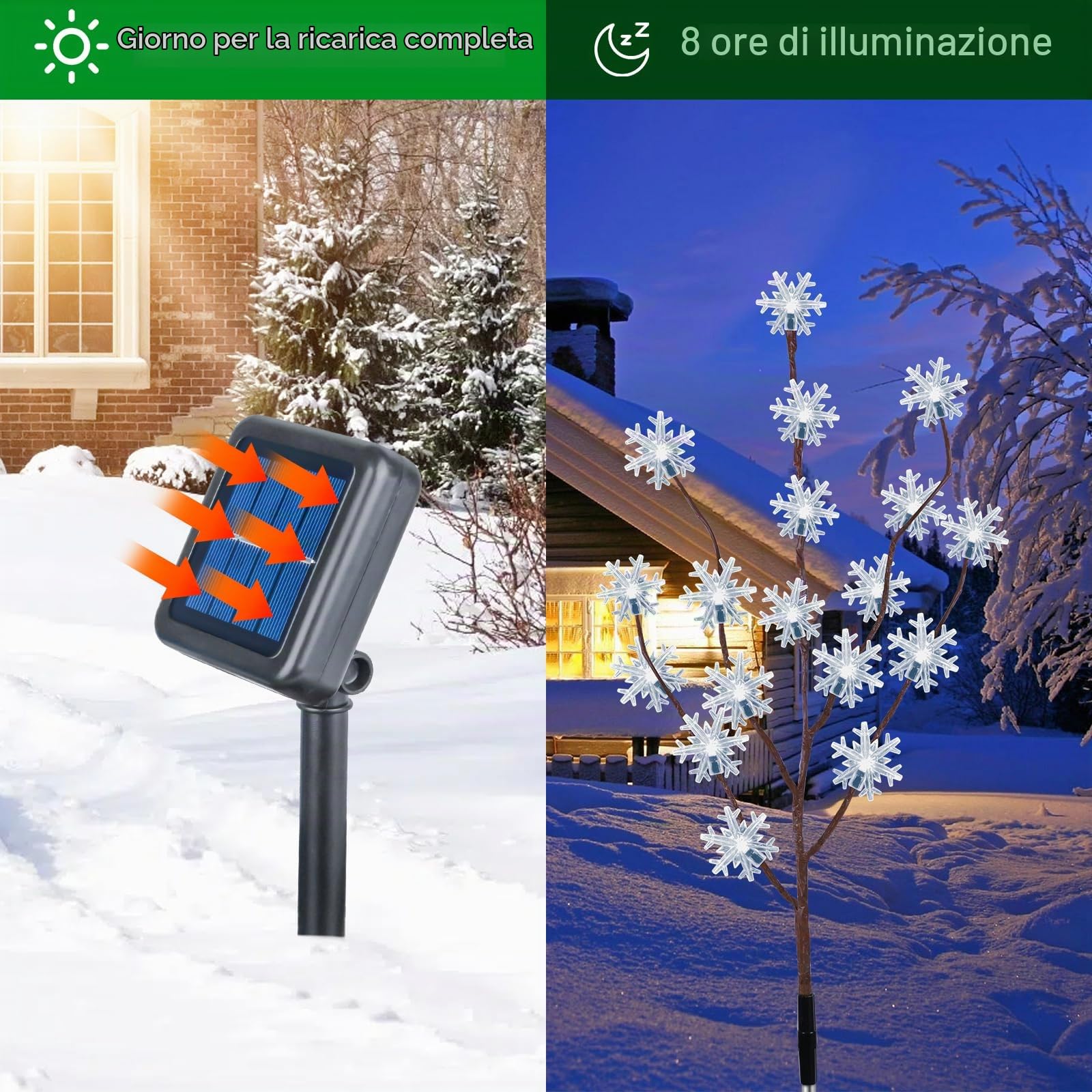 Fohil Luci solari da esterno per giardino, fiocchi di neve, rami, confezione da 4, 80 LED, luci da percorso natalizie, impermeabili, 8 modalità, decorazioni da giardino