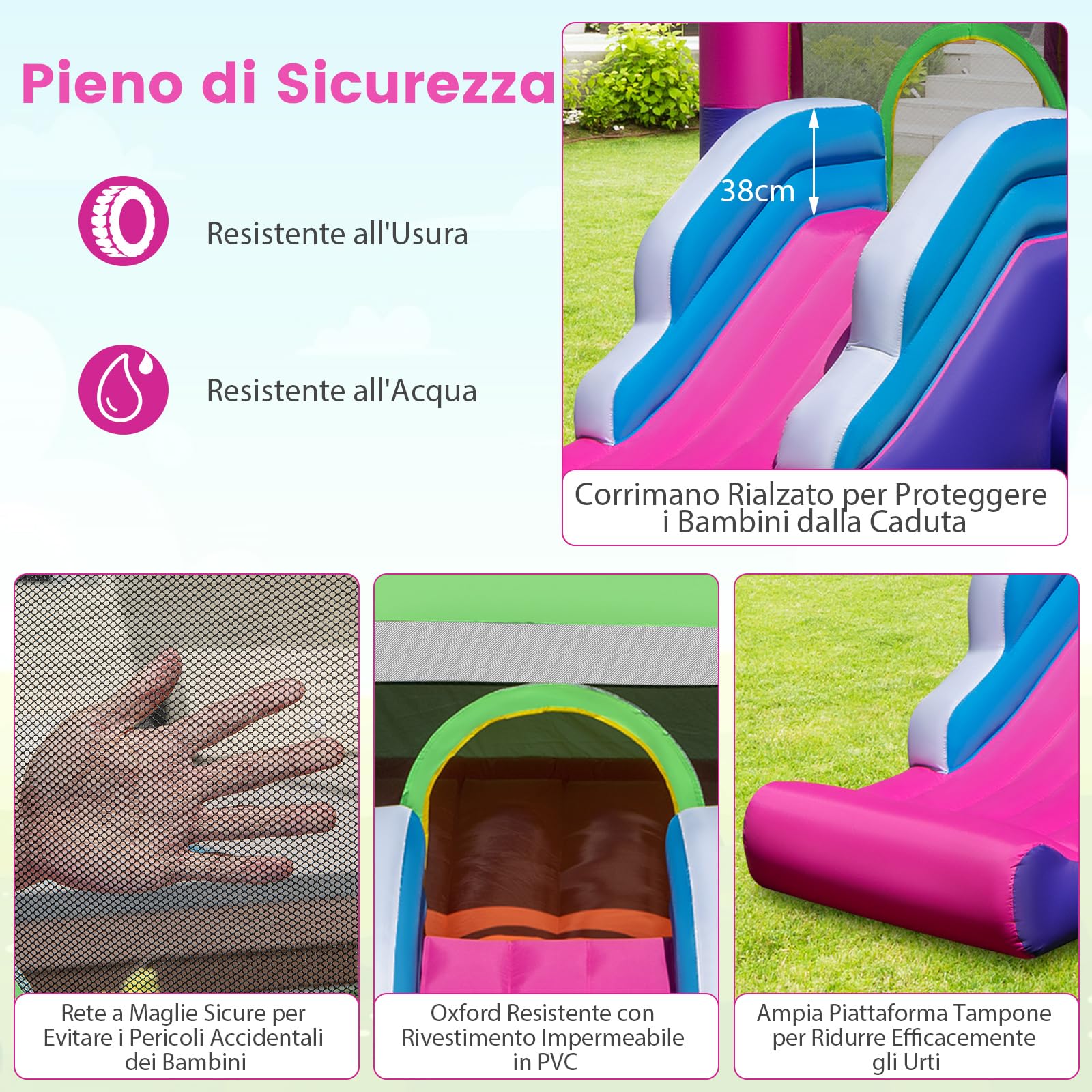 COSTWAY Castello Gonfiabile con Tettuccio, Casa Gonfiabile con Scivolo, Trampolino e Canestro da Basket, per 2 Bambini di 3-10 Anni, 385 x 332,5 x 300 cm