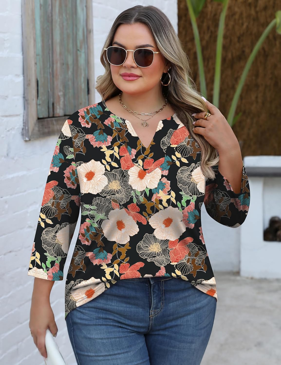 Romanstii Womens Plus Size Tops Casual 3/4 Sleeve V Neck T Shirt Loose Fit Tunic Blouse 1X-5X - Image 4