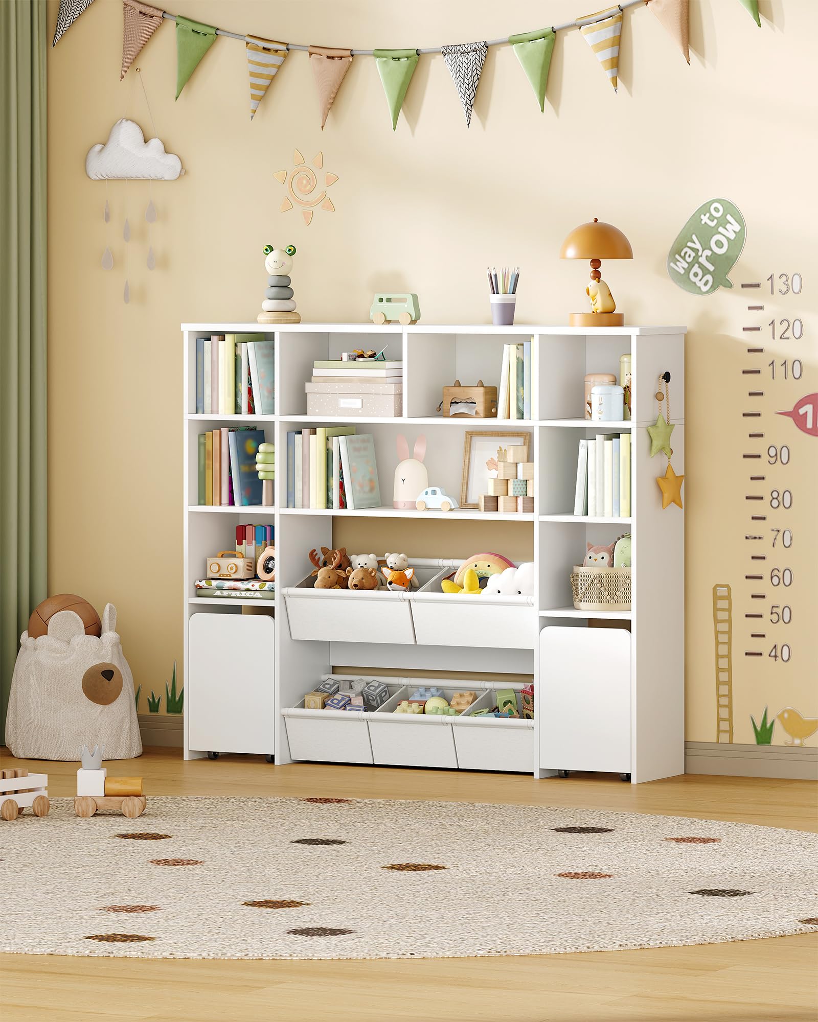 Hzuaneri Bibliothèque Enfant avec 2 Coffre de Rangement à roulettes, Meuble Rangement Enfant à 4 Niveaux, Étagère à Jouets, étagère pour Chambre d'enfant, Bureau Blanc, 30 x 140 x 120 cm KB75203W