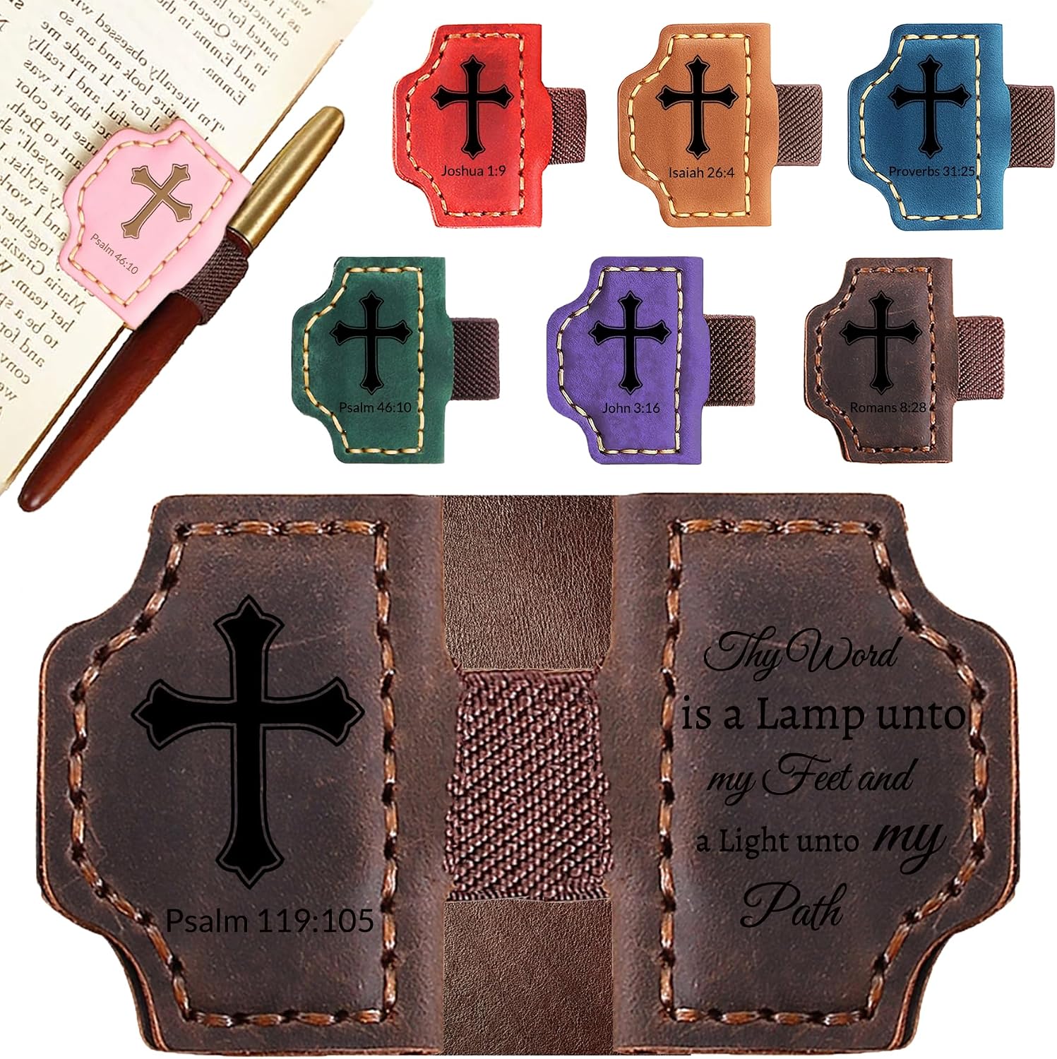 Personalized Leather Bookmark with Pen Holder - Magnetic Bible Verse Design, Christian Book Lovers Reading Accessory, for Book Lovers Men Women (Coffee, Psalm 119:105)