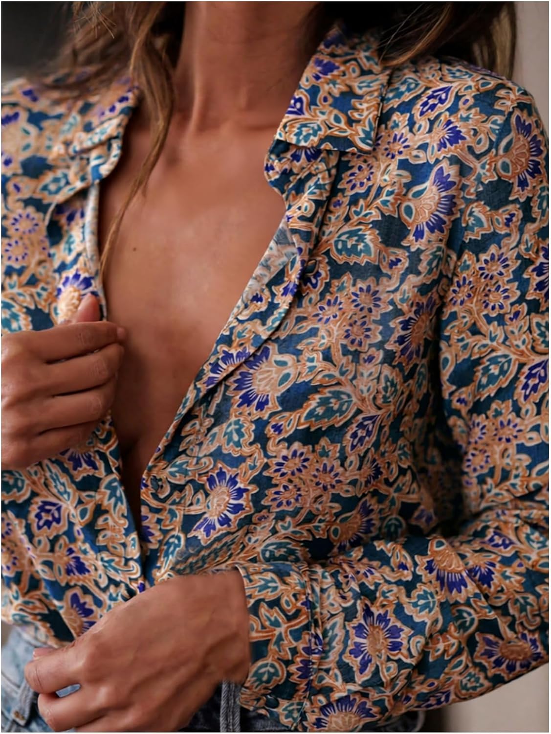 Verdusa Women's Boho Floral Button Up Blouse Long Sleeve Collared Shirts Fall Clothes - Image 3