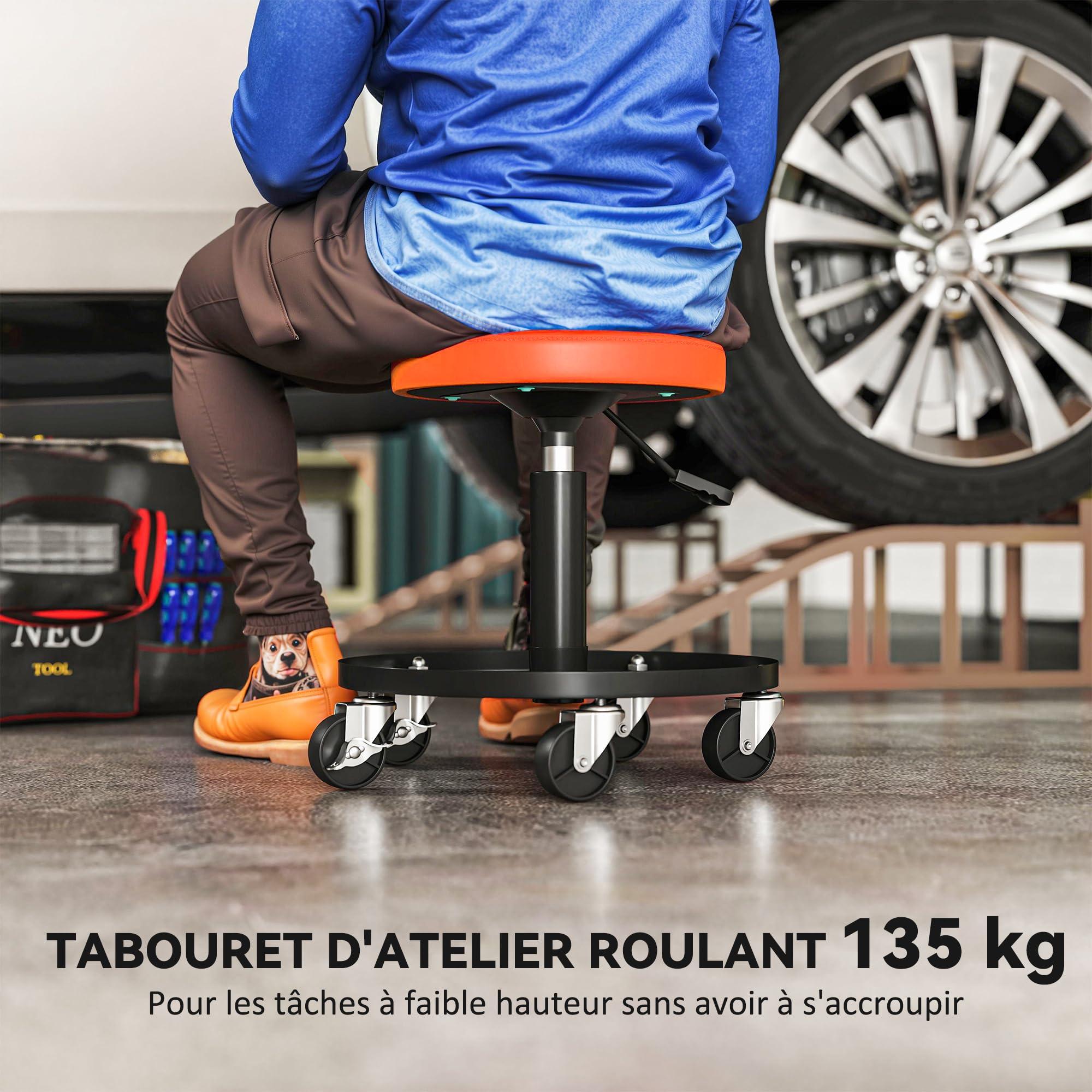 HOMCOM Taboret warsztatowy z 5 kółkami obrotowymi 360°, taboret mechaniczny o regulowanej wysokości 38-50 cm, siedzisko warsztatowe z półką narzędziową, nośność 135 kg, do garażu, pomarańczowy