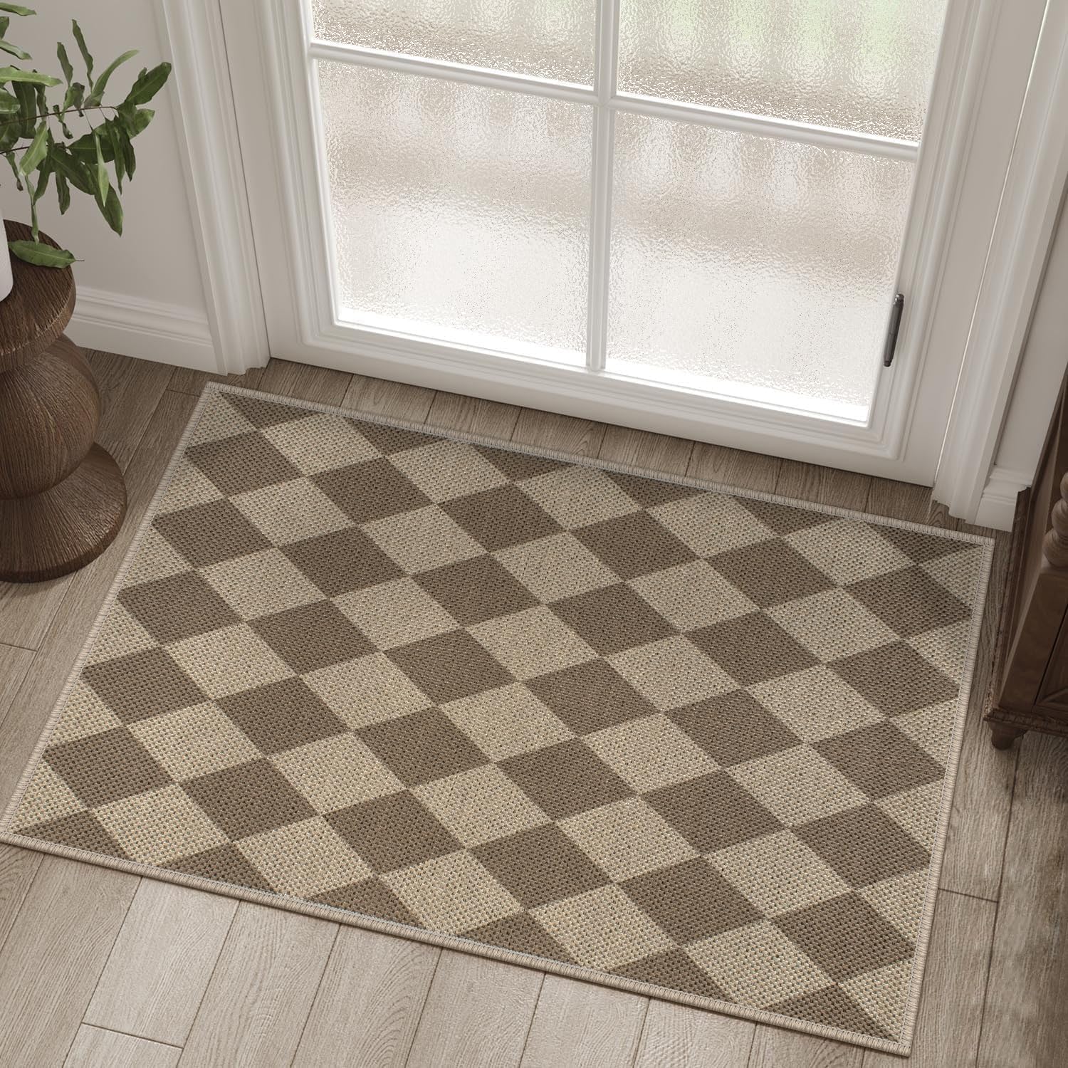 Easy Jute Checkered Entryway Rug, 2x3 Brown Modern Indoor Outdoor Doormat, Washable Non-Slip Neutral Small Kitchen Rug Farmhouse Diamond Throw Rugs for Entrance Bedroom Bathroom