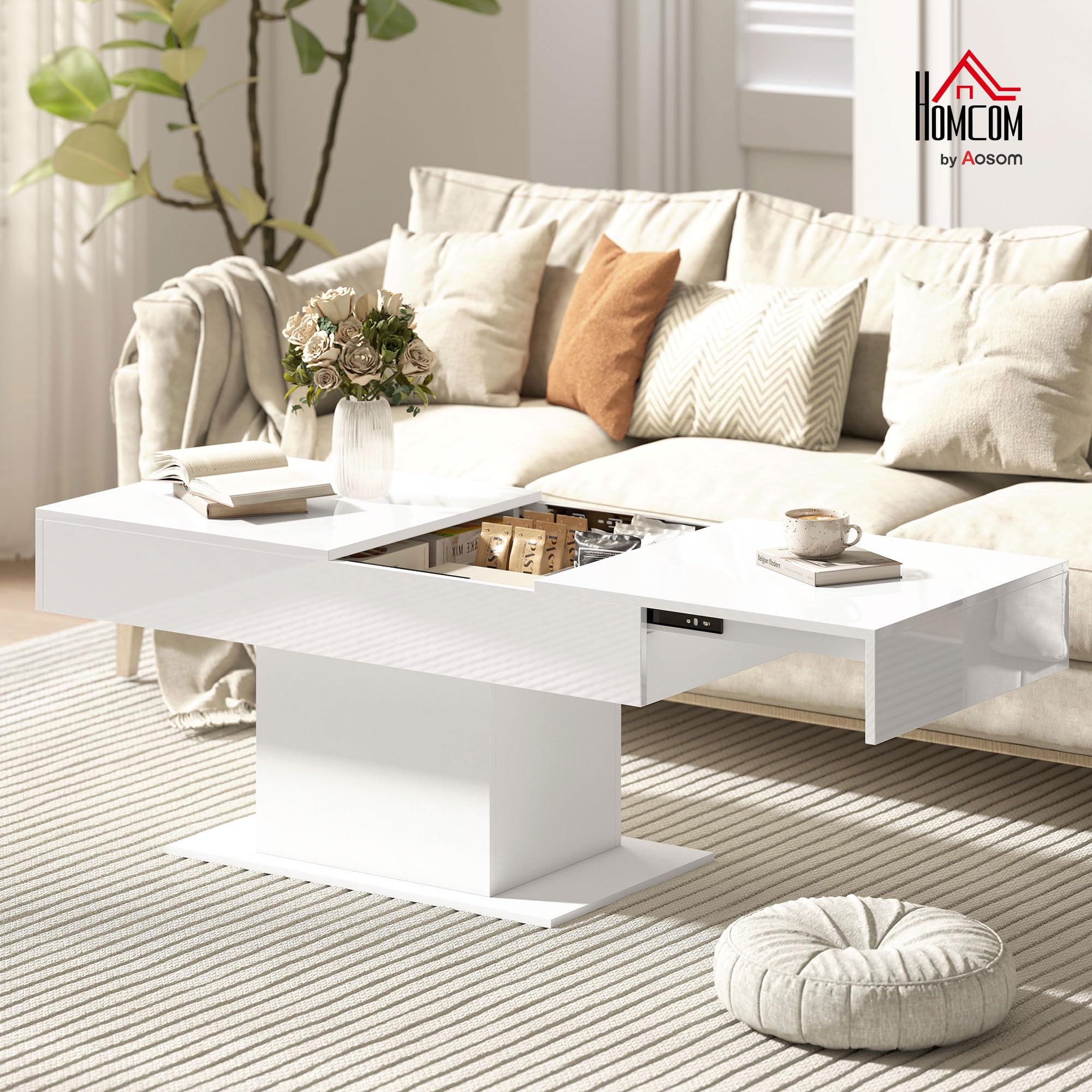 HOMCOM Tavolino da Caffè Estensibile con Vano Contenitore, Tavolino Salotto Allungabile Moderno con Piedini Antiscivolo, Tavolo Soggiorno per Casa Ufficio, 108-178.5x53x49 cm, Bianco Lucido