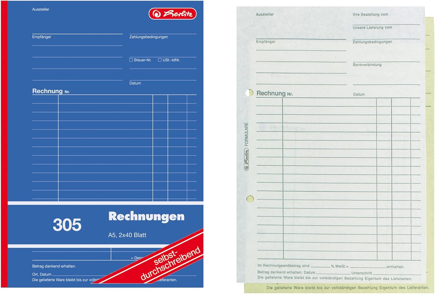 Herlitz 1932862 Accounts Book A5, 305 2 x 40 Sheets, Carbonless Copying, Pack of 4