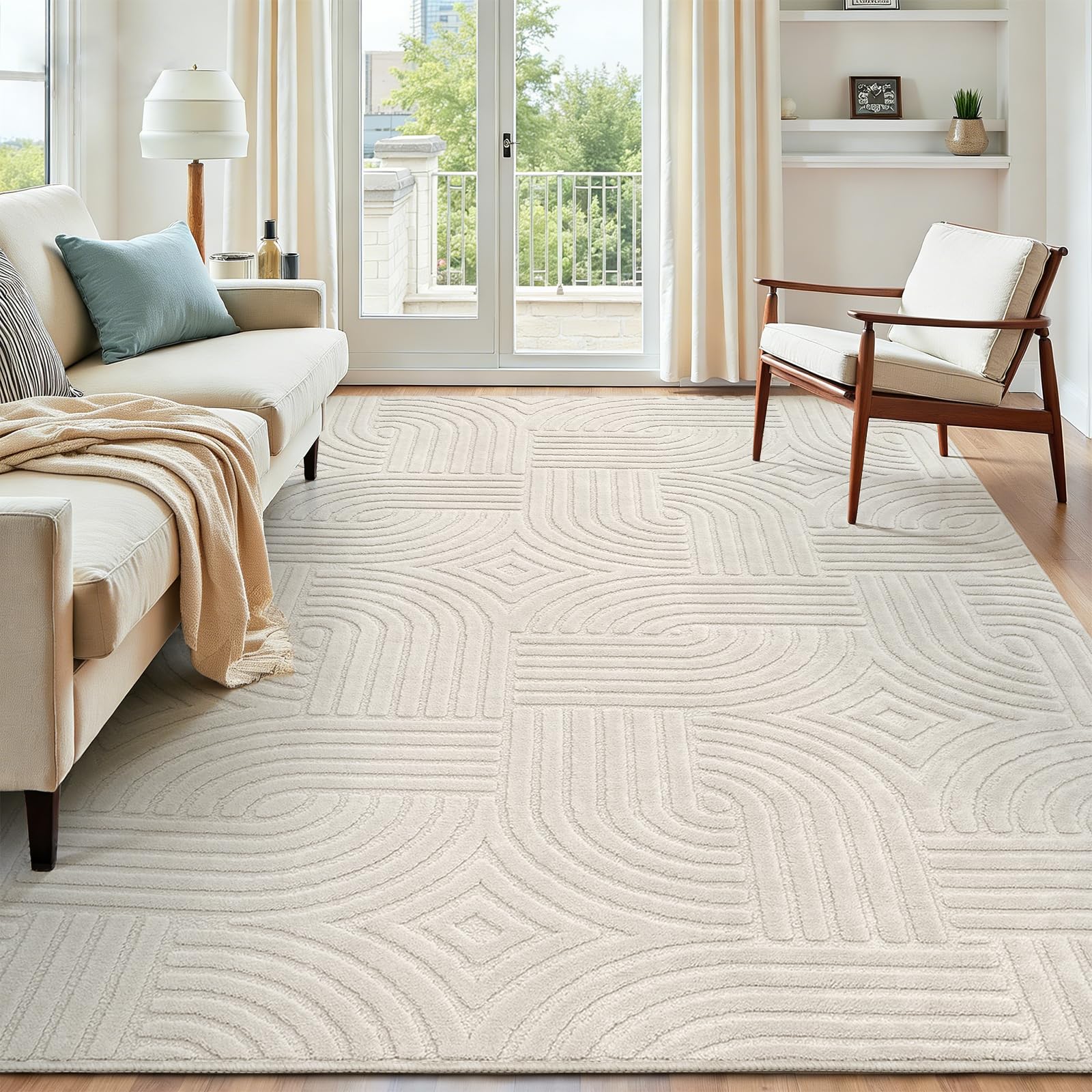 Enyhom Machine Washable Rugs for Living Room 140 x 200 cm Non Shedding Area Rugs for Bedroom Soft High Pile Rugs Non Slip Carpet Large Fluffy Rug Carpet Mat for Office Dining Room Lounge Beige