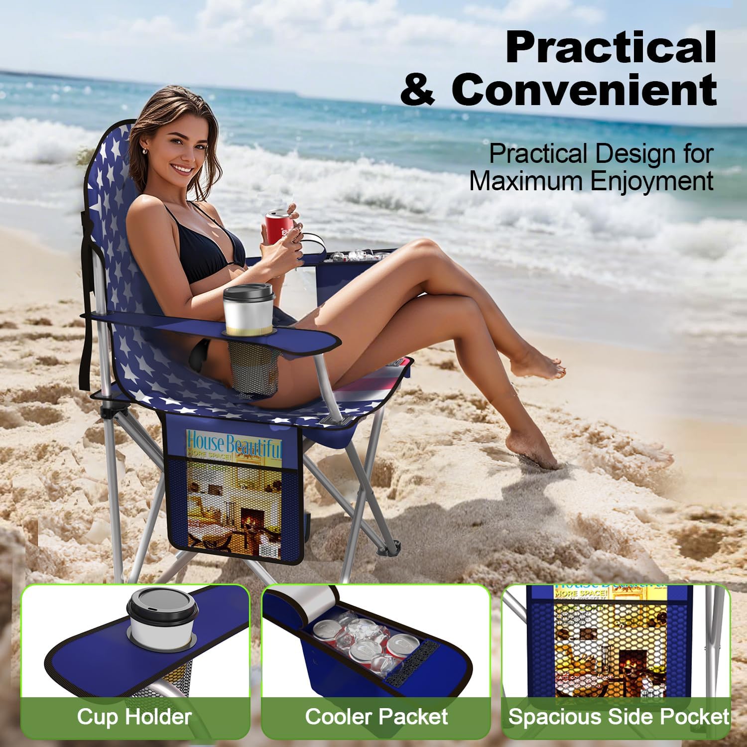 VTOY Folding Camping Chairs Durable 600D Oxford, Portable Outdoor Chair with Cooler Pouch, Cup Holder & Storage Pocket for Camping, Beach, Fishing