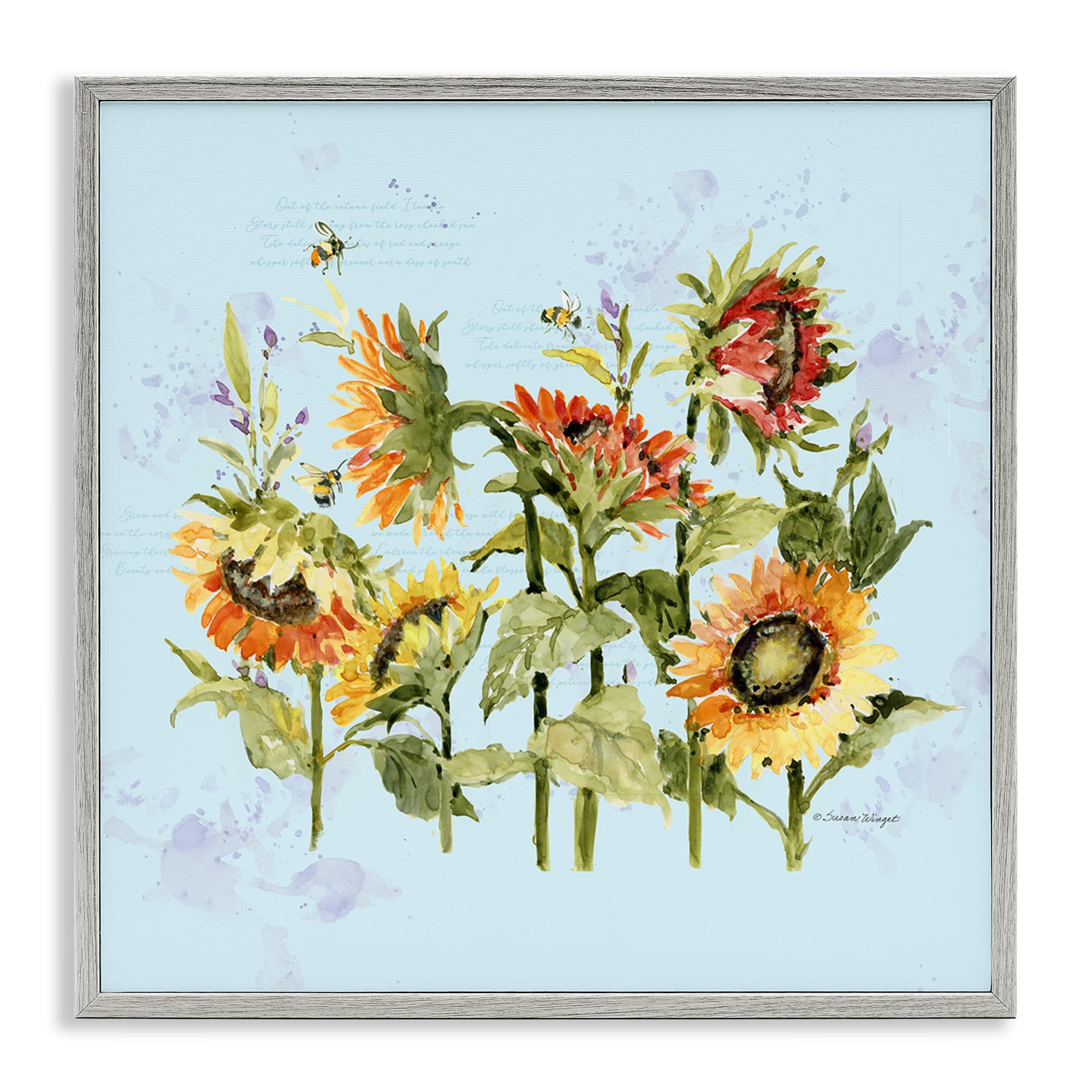 Stupell Industries Farmhouse Gray (Textured) 'Sunflowers & Bee On Blue'| Framed Giclee Art
