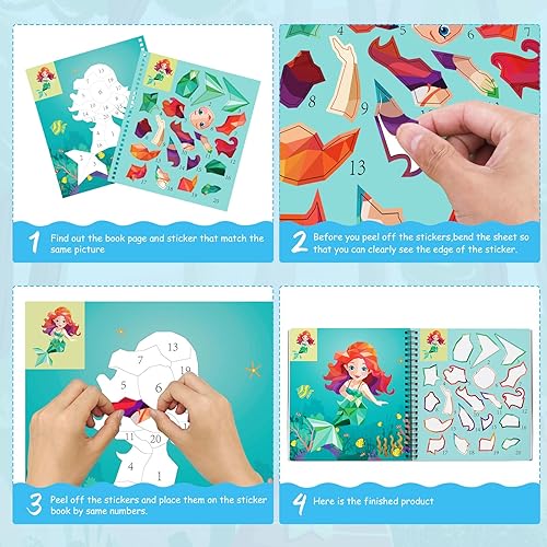 Miniatura 5 de 3 libros de pintura con calcomanías para niños de 4 a 10 años, diseños de animales de sirena de unicornio, pintura por números, regalos de