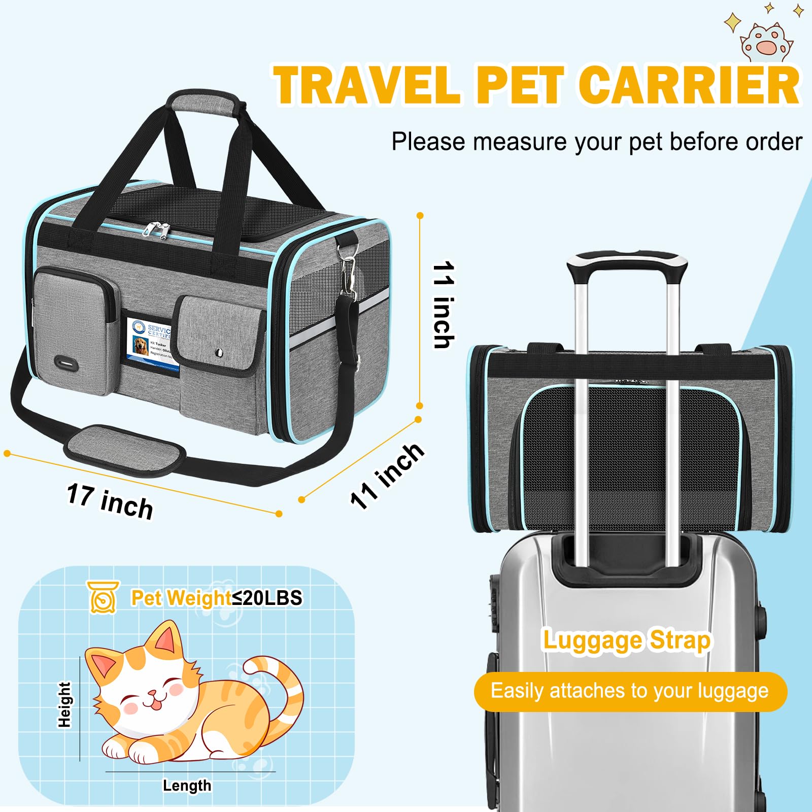 TEUEN Trasportino Morbido Pieghevole Approvato Aereo - Borsa Viaggio per Gatti e Cani fino a 9kg, 4 Lati in Rete, Tessuto Antigraffio con Cuscino Lavabile e Guinzaglio Interno