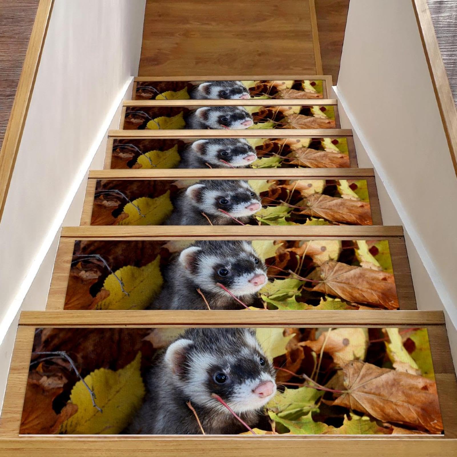 Alfombras para escaleras de madera con diseño de comadreja y hojas de otoño pack de 15 peldaños