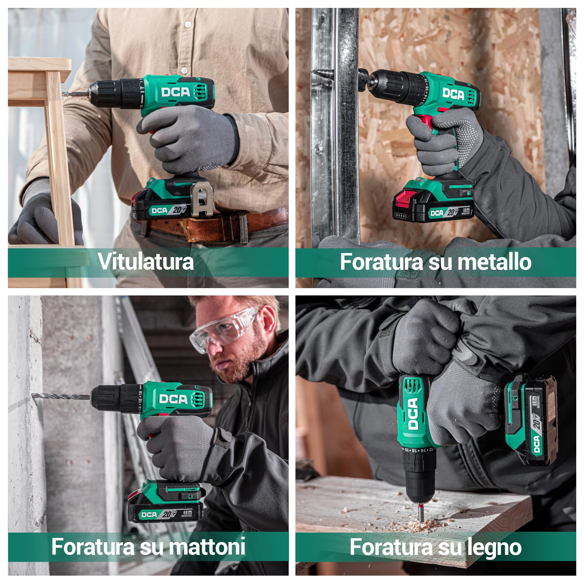 DCA Trapano a percussione a batteria 20V, 40 Nm, mandrino autoserrante da 13mm, 22500 colpi/min, 2 velocità variabili, 18+1+1, trapano a percussione con 14 punte per muratura, metallo e legno