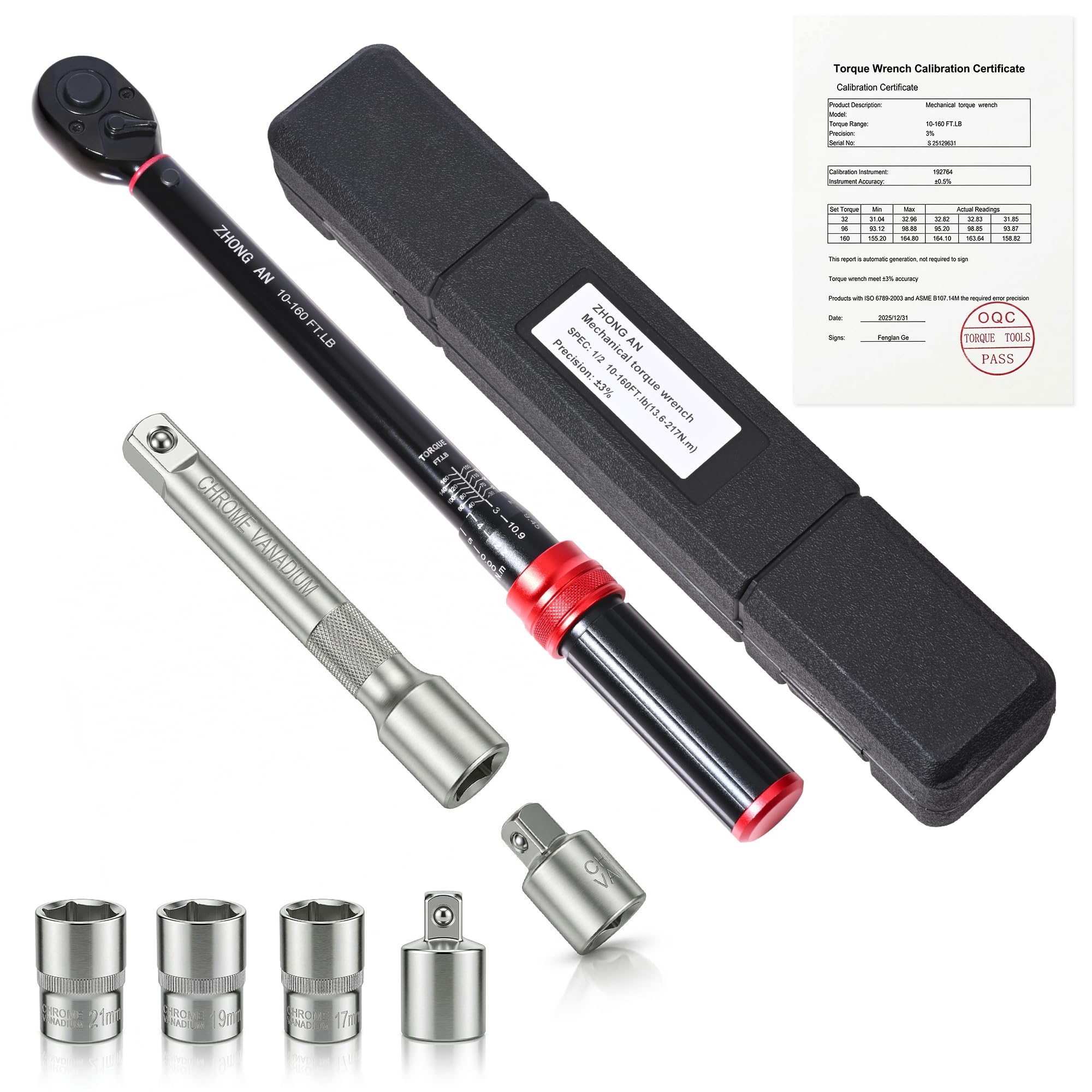 Set Chiave Dinamometrica Professionale 1/2", 13,5-217 Nm (10-160 ft-lb) con Bussole 17/19/21mm, Prolunga e Adattatori (1/4", 3/8"), Cricchetto di Precisione per Auto, Moto e Officina | Con bussole da 17/19/21 mm, prolunga da 12,7 cm, adattatore da 1/2" a