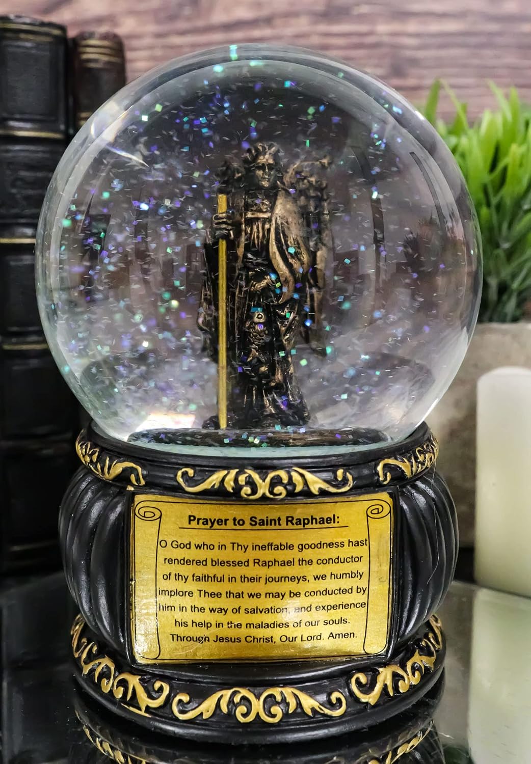 Ebros Gift Guardian Holy Archangel Saint Raphael Angel of Healing Glitter Water Globe with Prayer Plaque Gold Scroll Art Base 5.25" Tall Catholic Church Snow Globes Decor Figurine