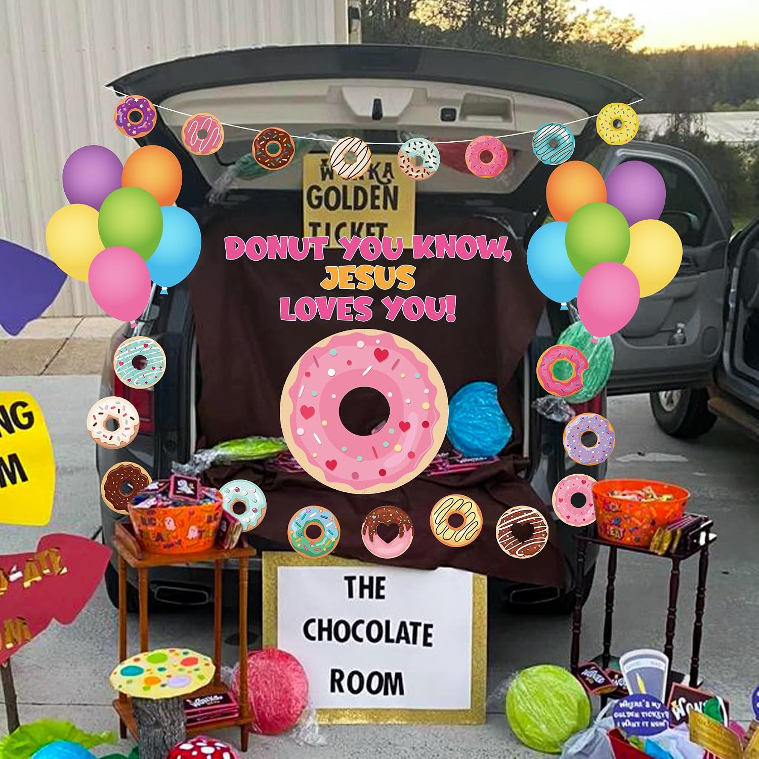 K1tpde 53PCS Christmas Trunk or Treat Outdoor Car Decoration Kit with Donut You Know Jesus Loves You Cutout Balloons Backdrop for Car Archway Garage Door Indoor Decor Christmas Party Decorations