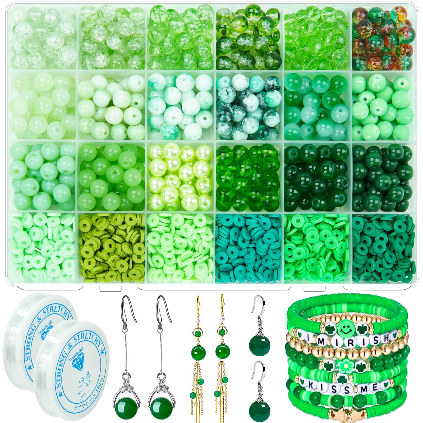 Wavlakth 2000PCS+ St.Patrick's Day Beads for Jewelry Making, 8mm Green Glass Bead Polymer Clay Beads Round Spacer Crystal Beads for Bracelet Necklaces