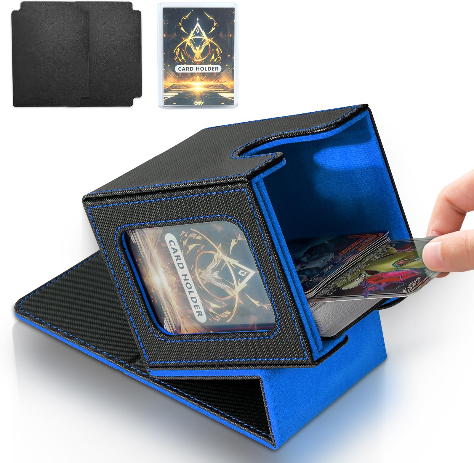 Jaffzora Card Deck Box for MTG Commander, Magnetic Card Display Case,TCG Card Storage Box, Holds 100 Double-Sleeved Cards, Black&Blue