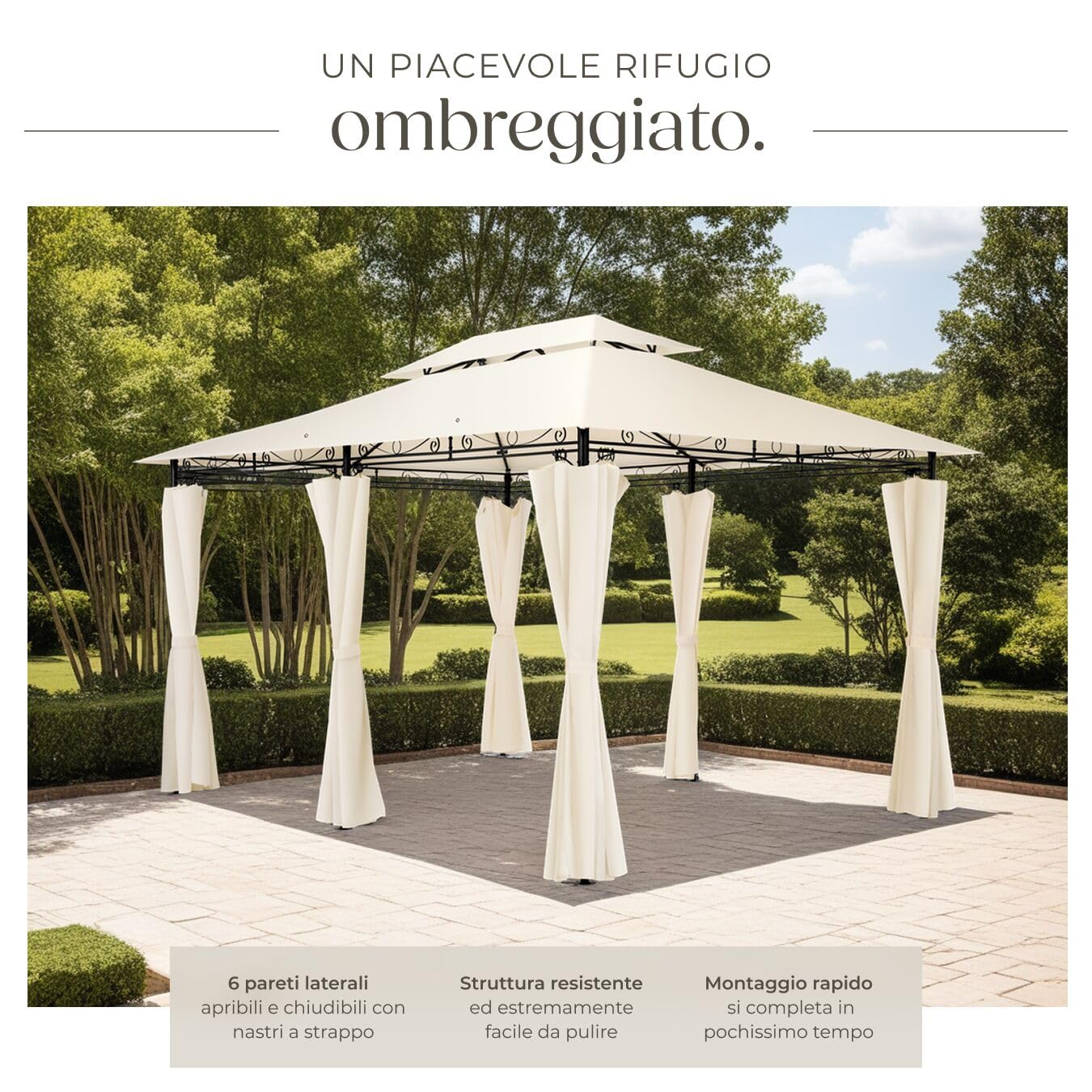 tectake® Gazebo da Giardino Deluxe, 400x300x265 cm, Gazebo Esterno Resistente con 6 Teli Laterali, Tendone da Esterno Regolabile ed Impermeabile, Resistente Raggi UV, Tenda Giardino, Sagre - Crema