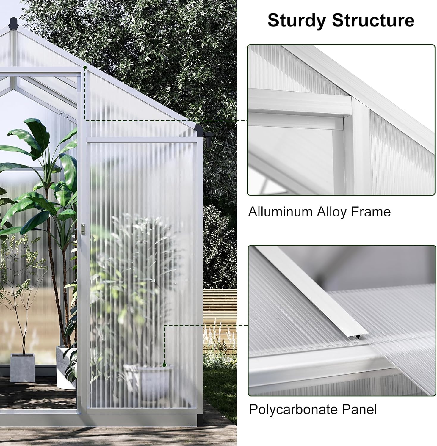 تړل view of the greenhouse structure showing the aluminum alloy frame and polycarbonate panels.