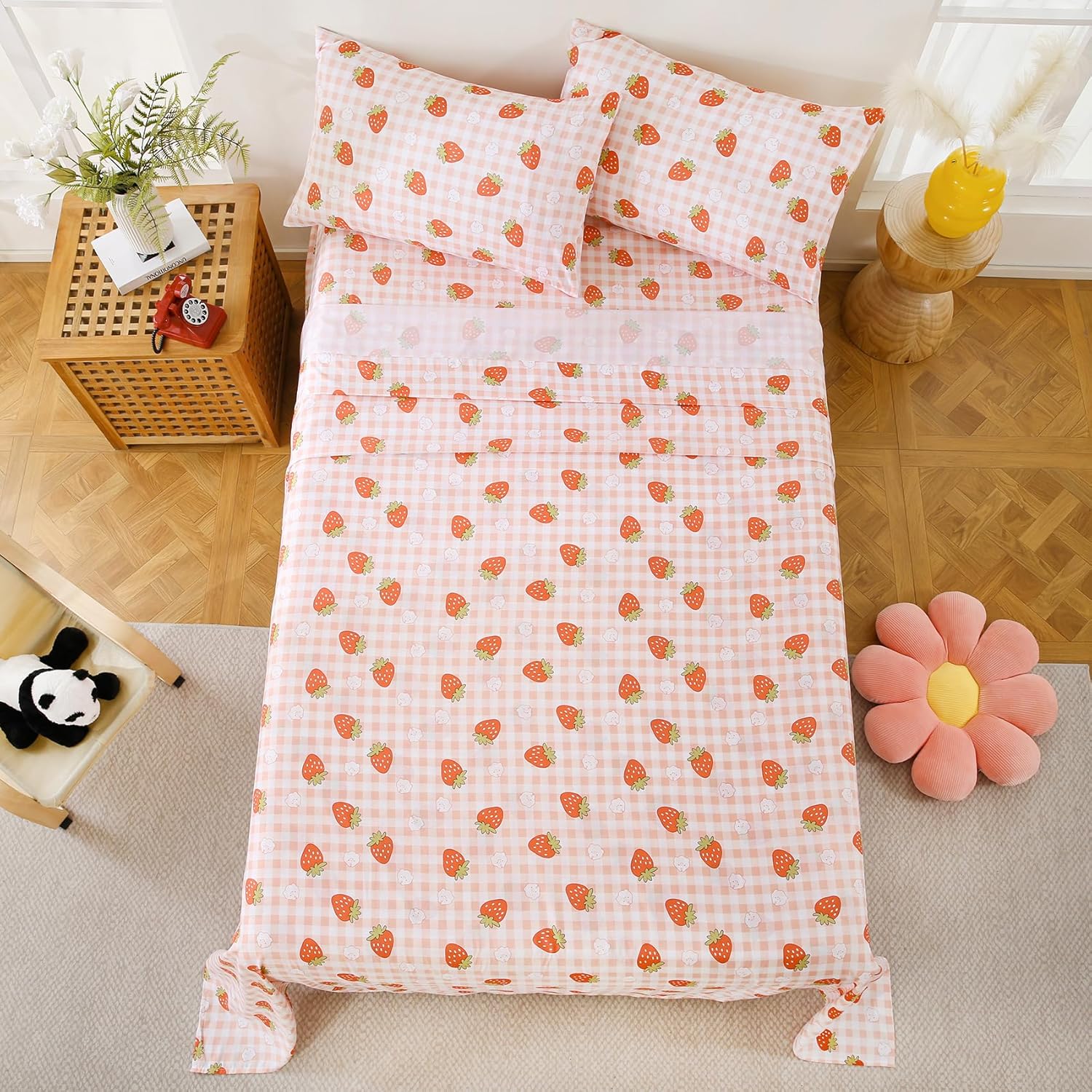 Yibeizi Pink Strawberry Sheet Set for Girls, Cute Full Size Kids Checkered Patterned Bedsheet Microfiber Deep Pocket Bedding Sheets & Pillowcases 4 Pieces - Image 7