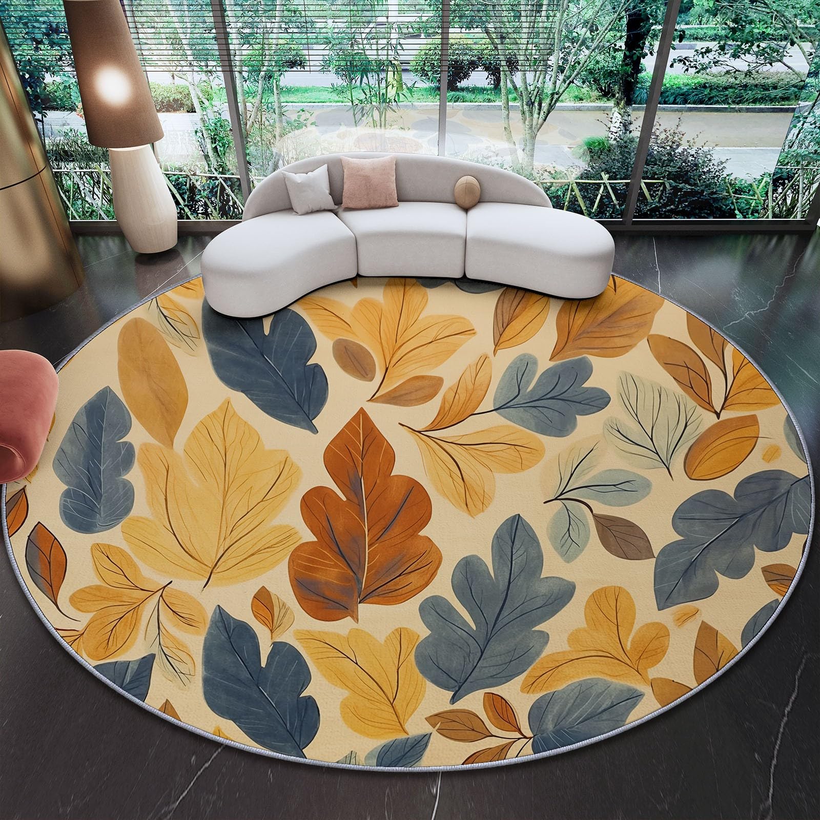 Teppich Rund 120 cm, Mehrfarbig Weich und Flauschig Teppich, Gegend Kreis rutschfest Waschbar Exquisit Gestreift Blatt Bedruckt Bodenteppich für Wohnzimmer Schlafzimmer