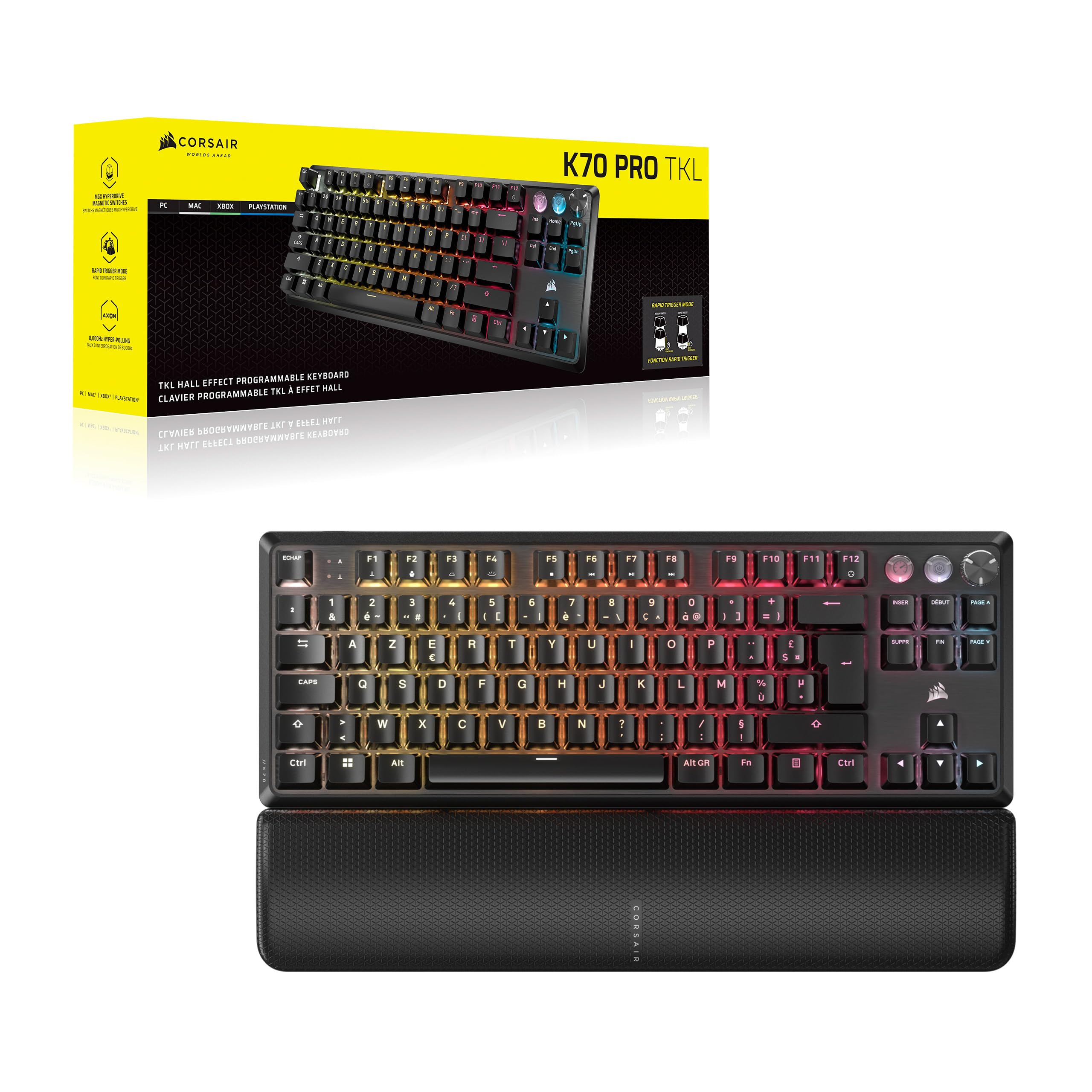 Corsair K70 Pro TKL RGB Clavier de Jeu Filaire Magnétique-Mécanique – Noir | Interrupteurs Ajustables MGX Hyperdrive à Effet Hall Pré-Lubrifiés, SOCD et Déclenchement Rapide Simultanés, 8000Hz, AZERTY