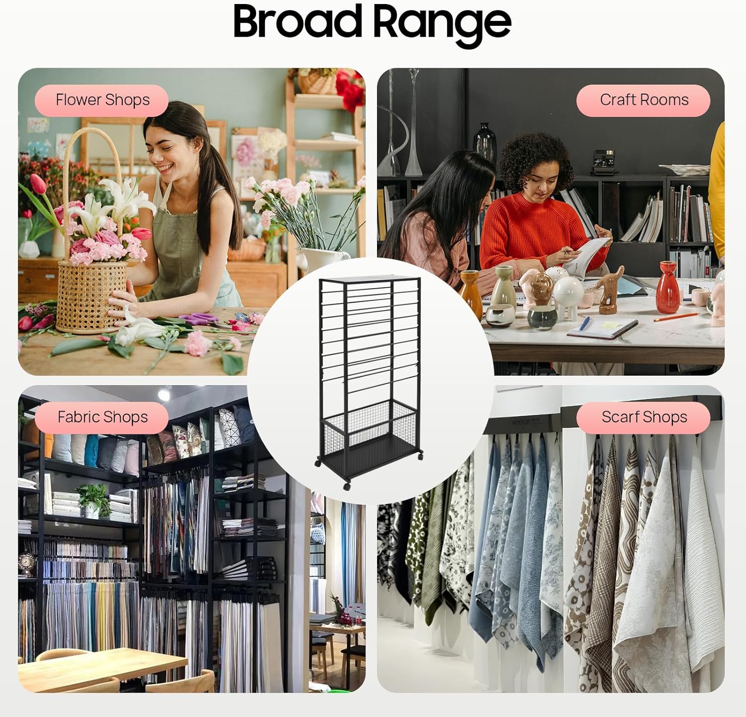 Ribbon Holder Organizer Rack,Double-Sided 16-TierRibbon Display Stand with Storage Basket and Wheels,Multifunctional Flower Wrapping Paper Storage Stand,for Flower Shops, Craft Rooms (Black)