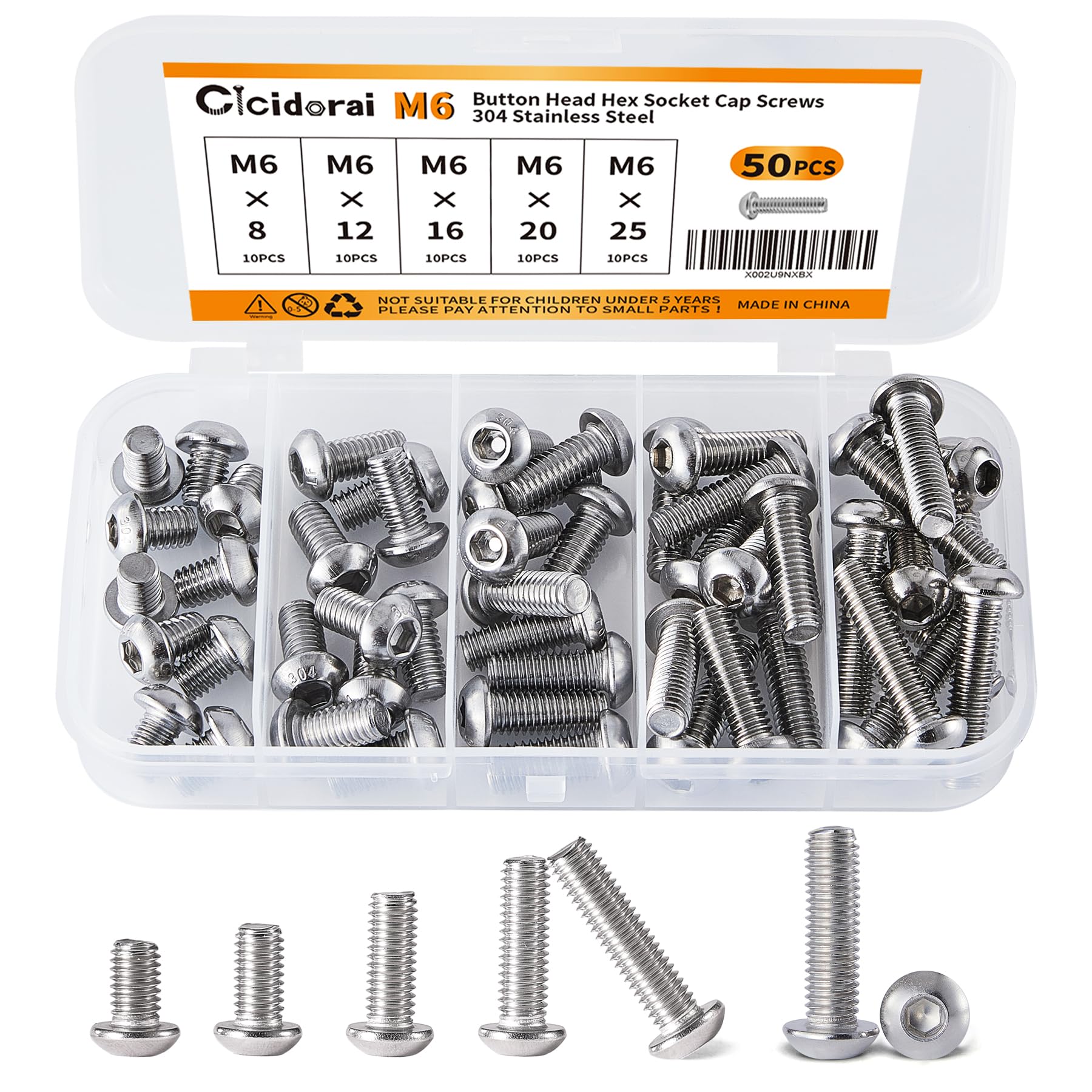Cicidorai M6 x 8mm 12mm 16mm 20mm 25mm Button Head Socket Cap Screws Bolts, 304 Stainless Steel, Allen Hex Drive, Fully Threaded, Bright Finish, 50PCS