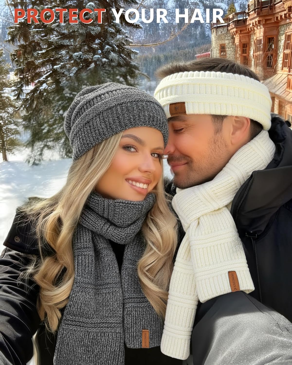 Women Beanie Scarf Gloves Headband Set Winter Hats Fleece Lined Scarf Touchscreen Gloves Ear Warmer Knit 4 Gift Set - Image 4