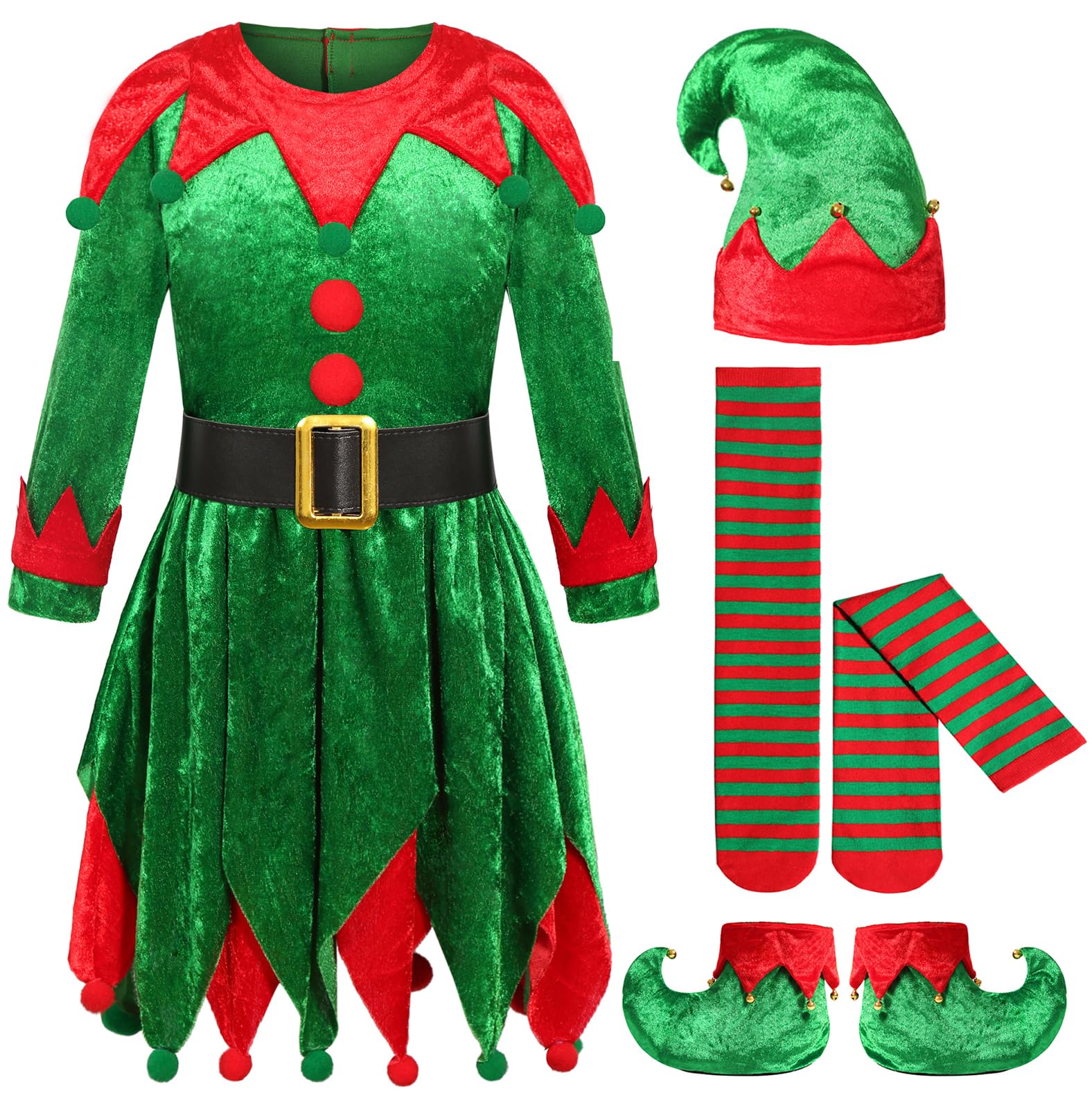 Photo 1 of Bordazor Christmas Elf Costume for Girls Holiday Elf Costume Dress With Elf Hat Shoes Stockings 5-6 Years